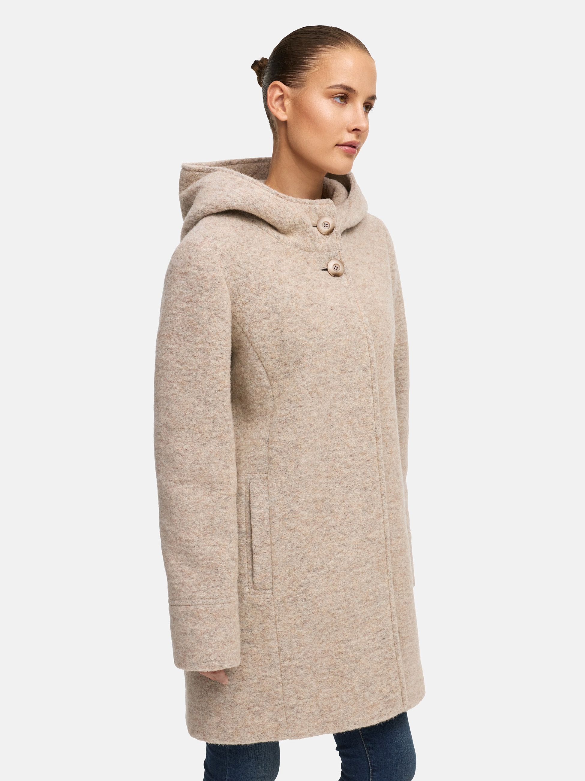 MANISA Wolljacke, mit Kapuze, Wollparka mit Kapuze und verdeckten Knöpfen