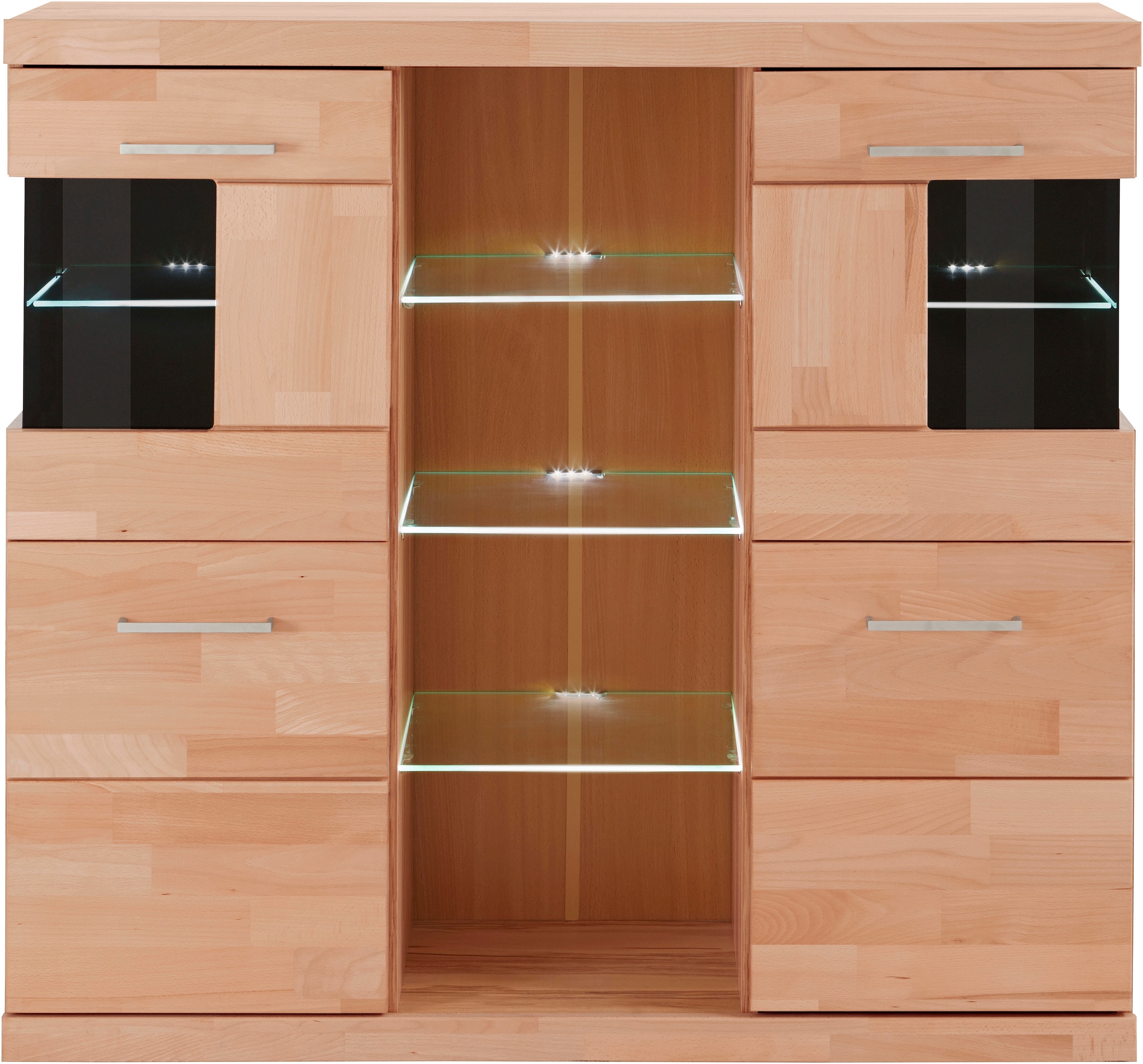 Home affaire Highboard »Ribe,120cm breit,112cm hoch,Oberplatte massiv,12 Fächer«, Holz massiv, Holzwerkstoff, Metall Griffe,2Türen mit Glaseinsatz