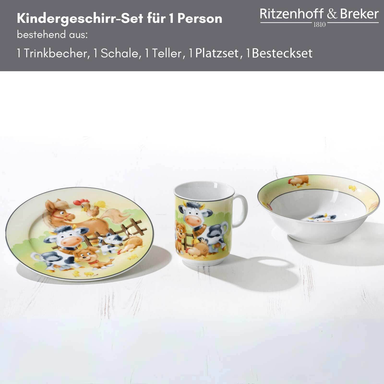 Ritzenhoff & Breker Kindergeschirr-Set »Kindergeschirr mit Platzset & Besteck Hoftiere bunt« Spülmaschinengeeignet