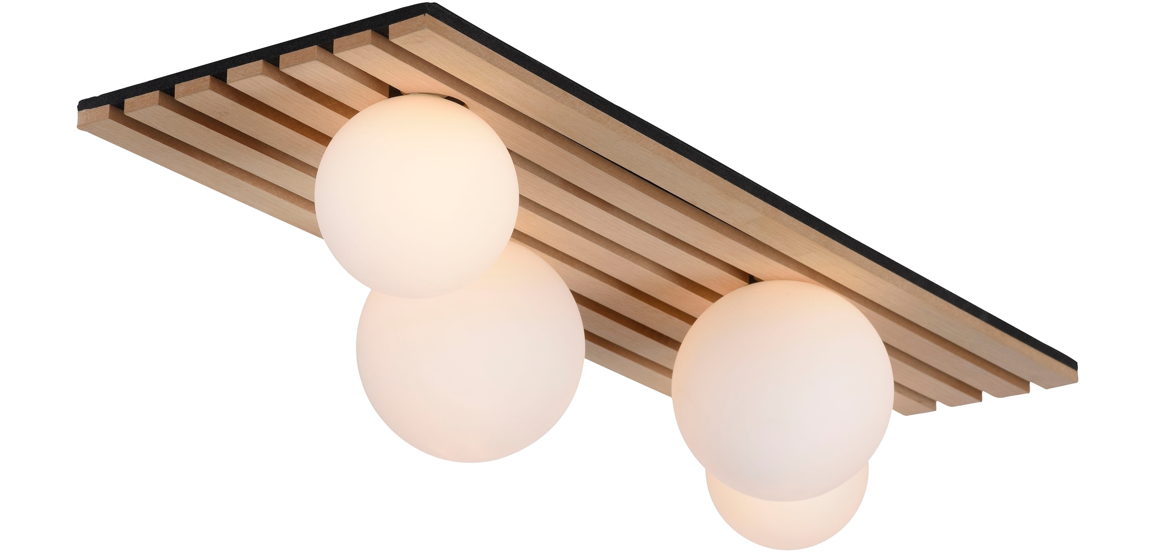 Leonique Deckenleuchte »Erinette Akustikpaneele mit Glaskugeln«, 4 flammig, Leuchtmittel G9 | Leuchtmittel wechselbar-ohne Leuchtmittel, Holz, Akustik, Paneele, Glas, opal matt weiß, Deckenlampe