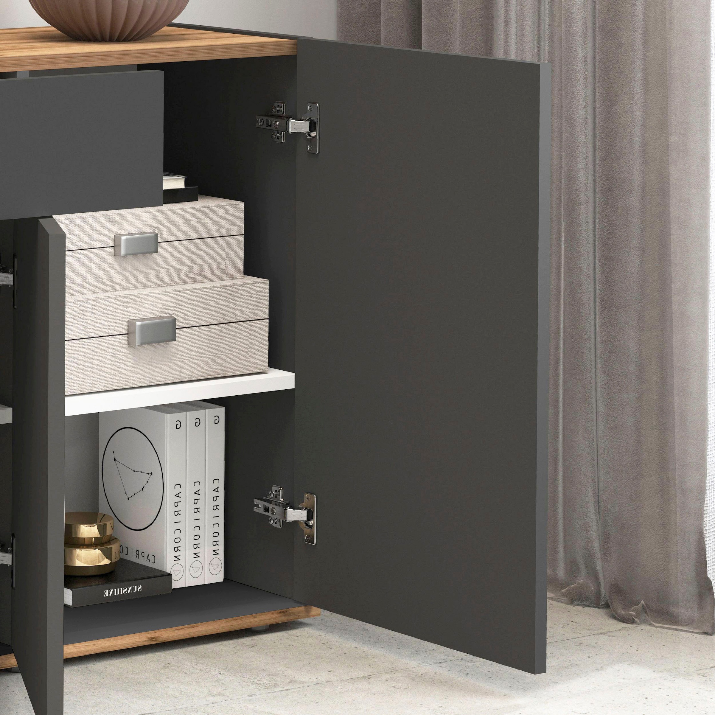 OTTO home »Garda, Kommode, Schrank, 3 Türen, 1 Schublade, Made in Italy« 3 Türen, 1 Schublade, grifflos Breite 120,1 cm, anthrazit/eiche matt