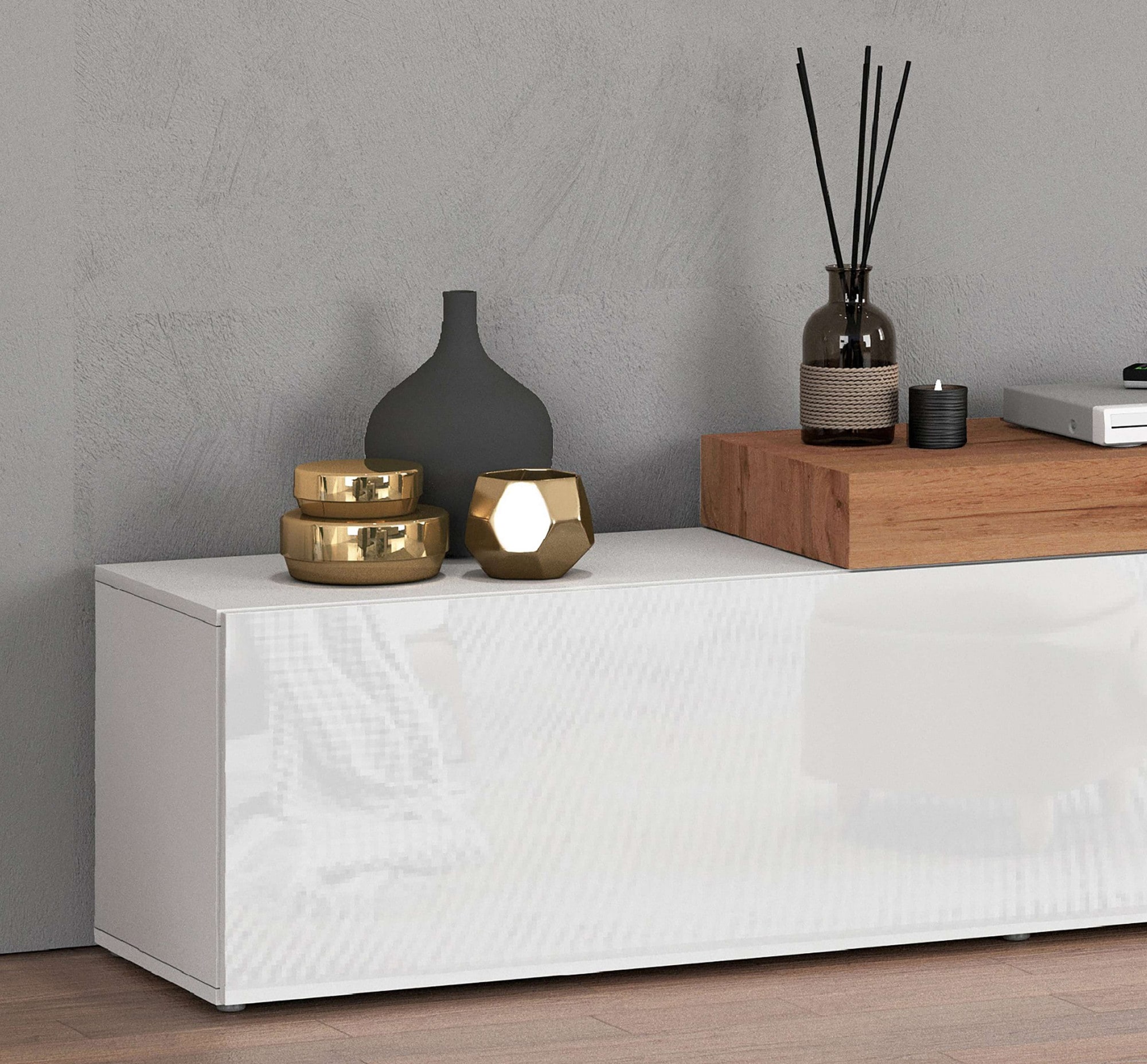 INOSIGN Lowboard »Chronos TV-Board, TV-Schrank«, (1 St., Breite verstellbar von 190 bis 350 cm), Breite 270 cm TV-Board,Lowboard,1 Klappe und ein L-Förmiger Aufsatz
