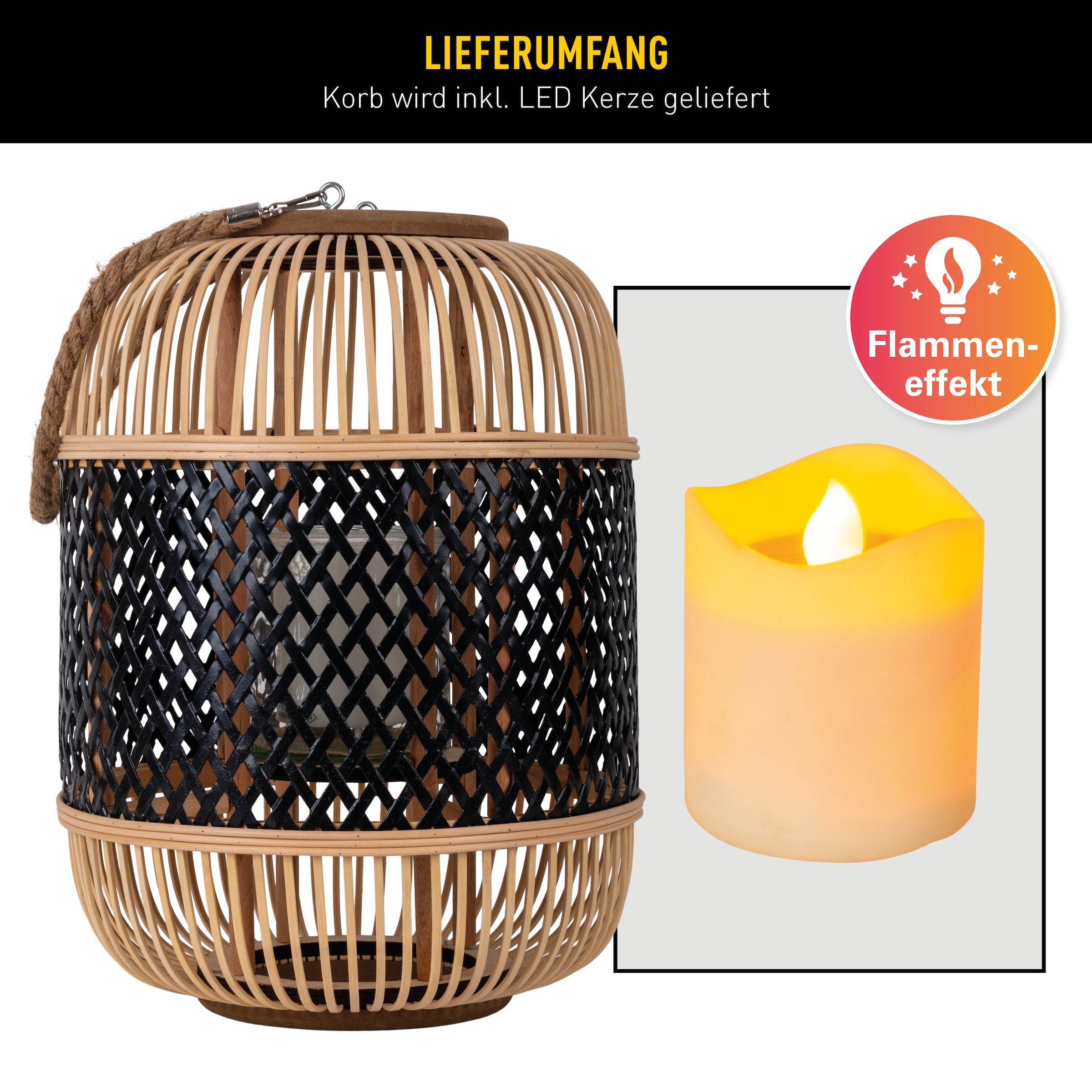näve LED Dekolicht »Korbinian« 1 Stk. Warmweiß Rattankorb natur/schwarz mit Griff inkl. Solarkerze mit Flammeneffekt