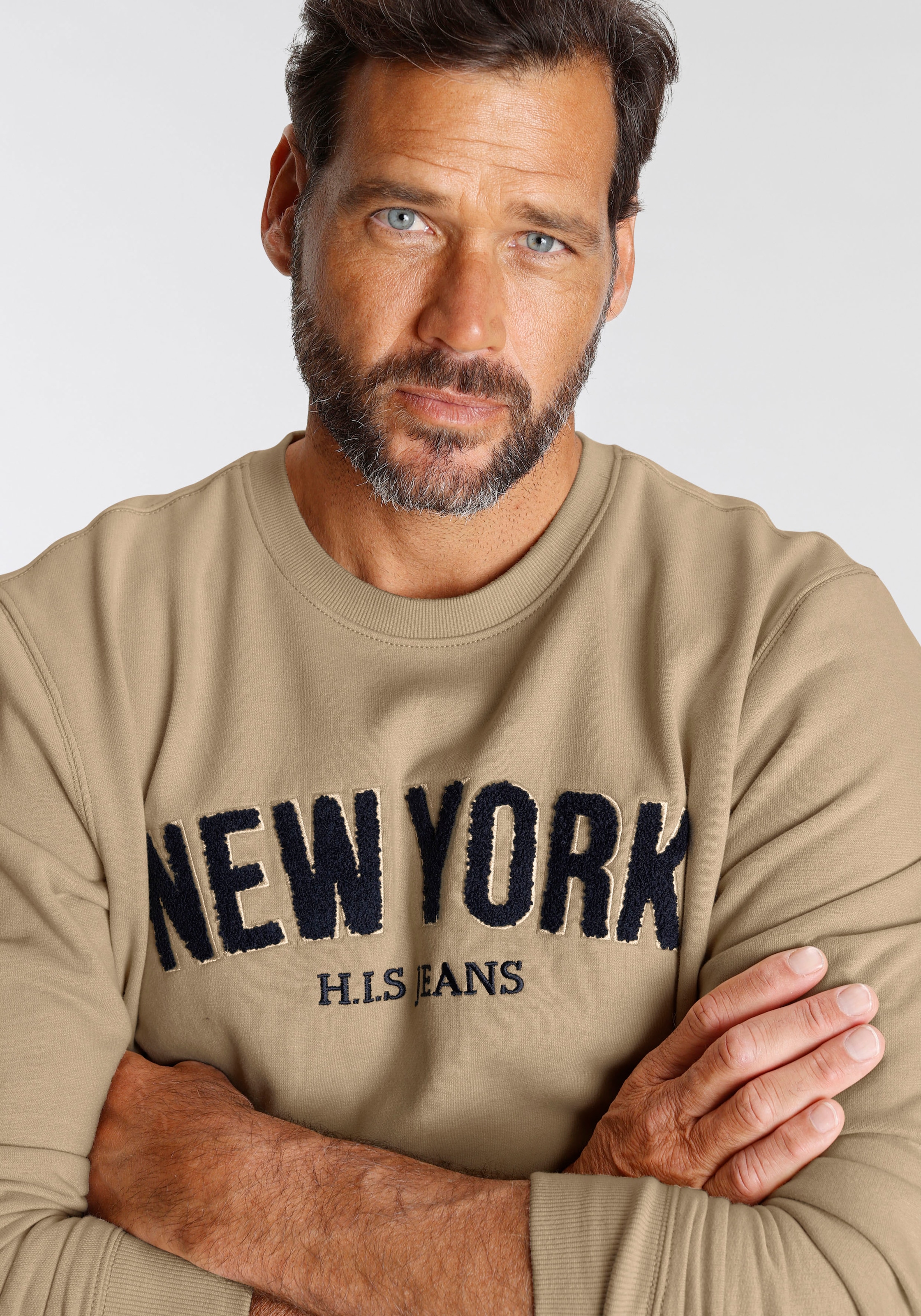 H.I.S Sweater, Langarm, lockere Passform, bestickte Optik, Rundhalsausschnitt