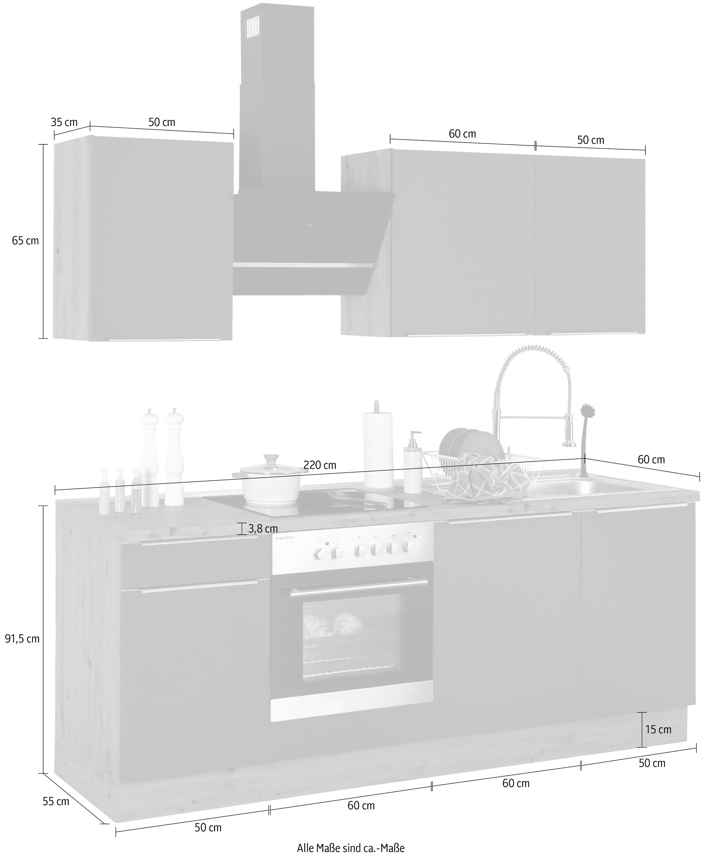 RESPEKTA Küchenzeile »Safado aus der cm im 220 Soft hochwertige Ausstattung Online Funktion, Shop wie OTTO Serie Marleen«, Breite Close