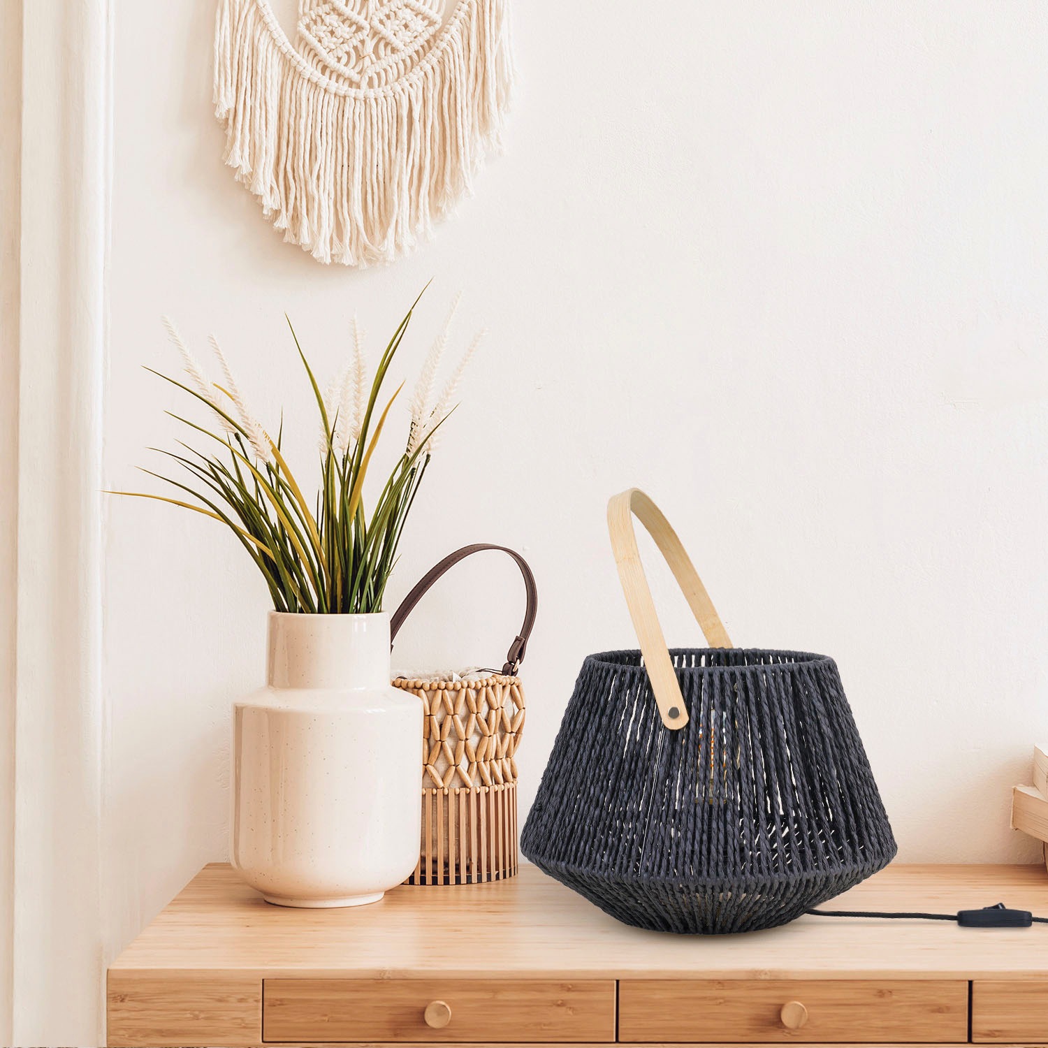 Paco Home Tischleuchte »CISCO«, Leuchtmittel E27 | ohne Leuchtmittel, Schreib Nachttisch Lampe Leselampe Lederband Korb E27