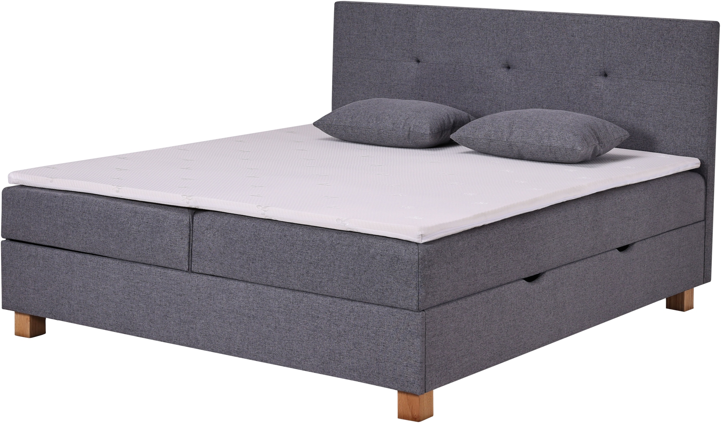 Home affaire Boxbett »Oyré inkl. Bettkasten, Topper und 2 gratis Kissen, 180x200 cm« mit Holzfüße in eichefarben