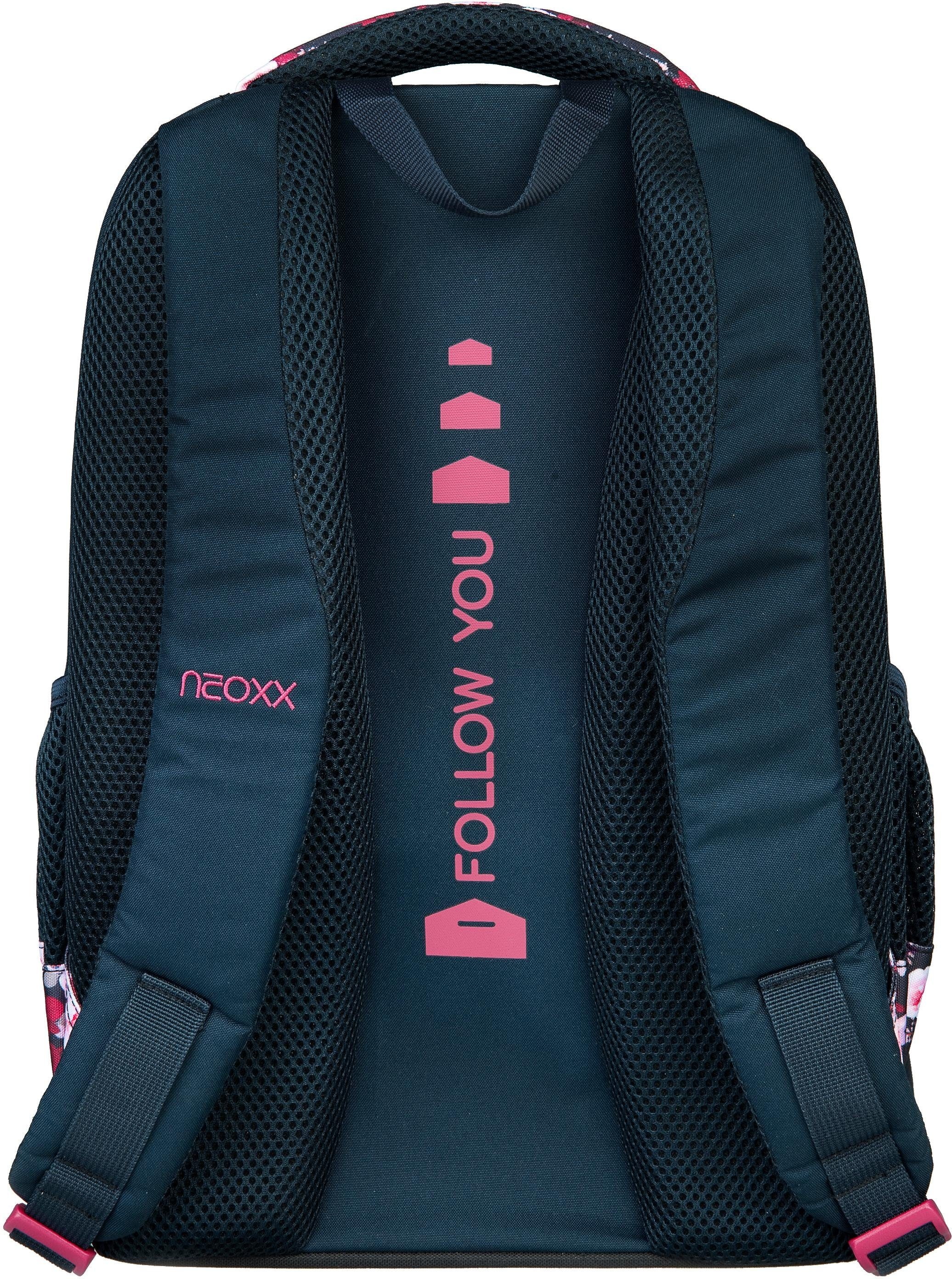 neoxx Schulrucksack »Fly, My Heart Blooms«, Reflektionsnaht, aus recycelten PET-Flaschen