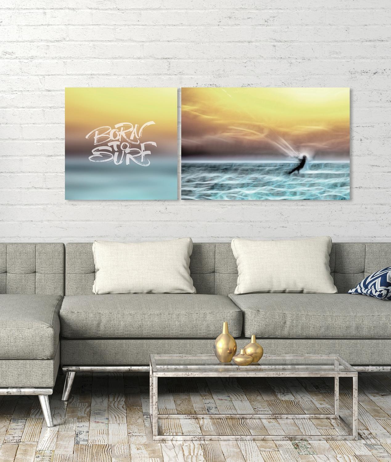 queence Leinwandbild »Born to Surf«, Meer-Meer Bilder-Kunst-Modern-Spa-Spa Bilder-Sprüche-Sprüche & Texte-Schriftzug-Schriftzüge, (Set), Premium-Leinwandstoff, Handarbeit aus Deutschland, Spruch, 2er Set