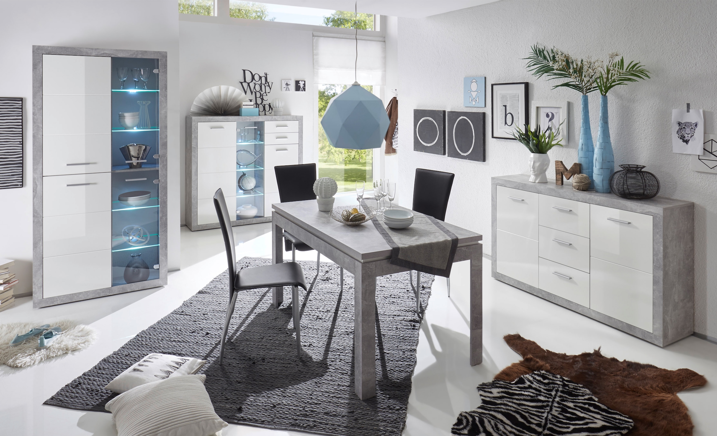 HBZ Sideboard »Stone weiß Hochglanz, Wohnzimmerschrank BxHxT 147x89x37 cm«, (1 St.), Mit 2 Türen, 3 geräumigen Schubkästen, 2 Einlegeböden verstellbar