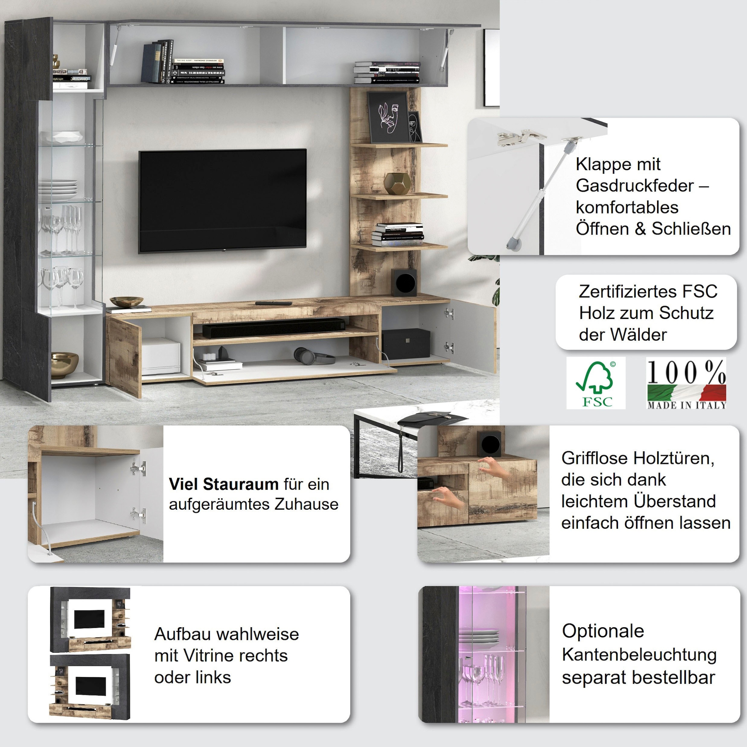 OTTO home Wohnwand »Wohnwand New Egypt, Anbauwand, Medienwand, Wohnzimmerwand« Weiß in Hochglanz, alle anderen Farben in matter Ausführung., 4 Stk. tlg.