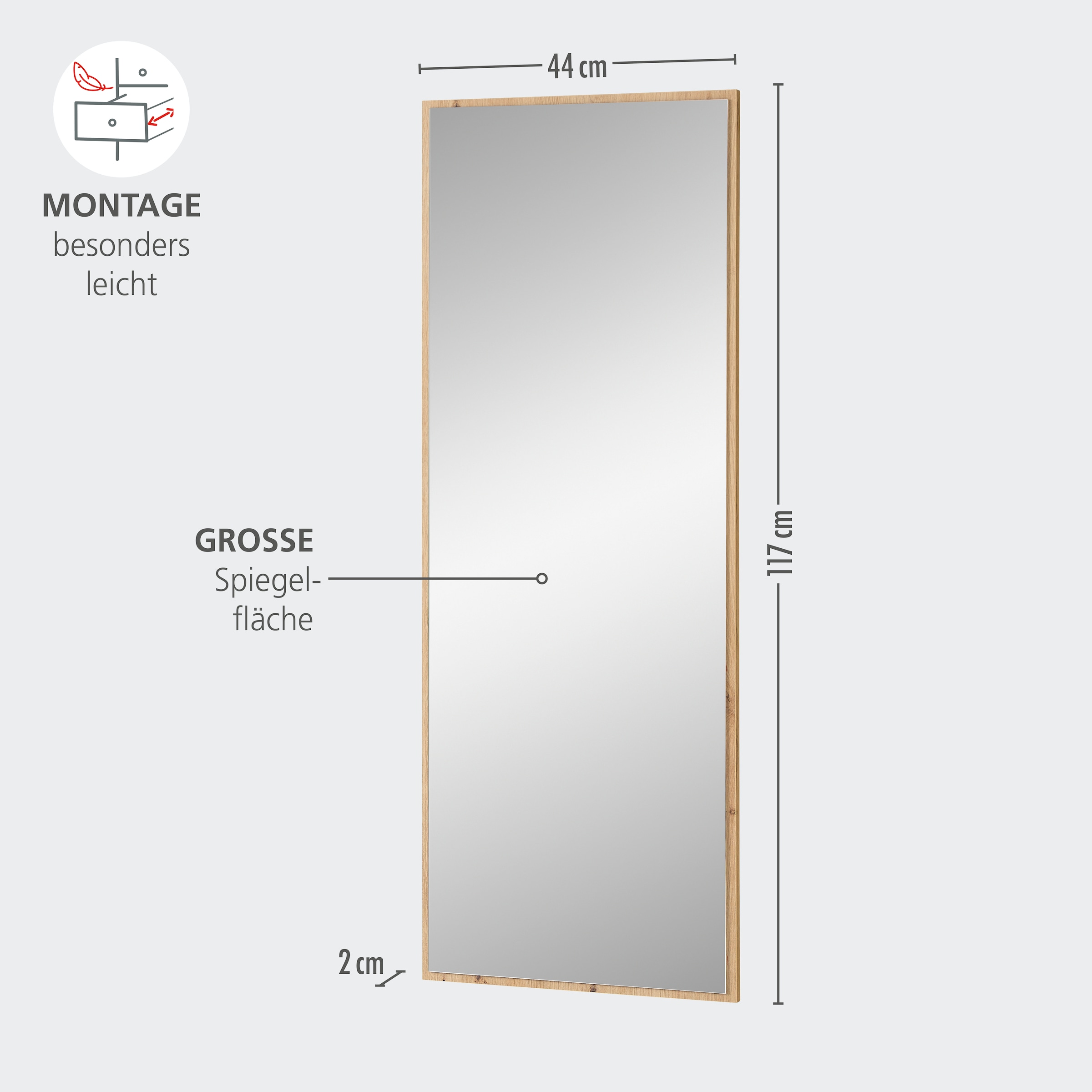 Innostyle Garderobenspiegel »BARI Wandspiegel«, (1 St.), Spiegelfläche 44 x 117 cm