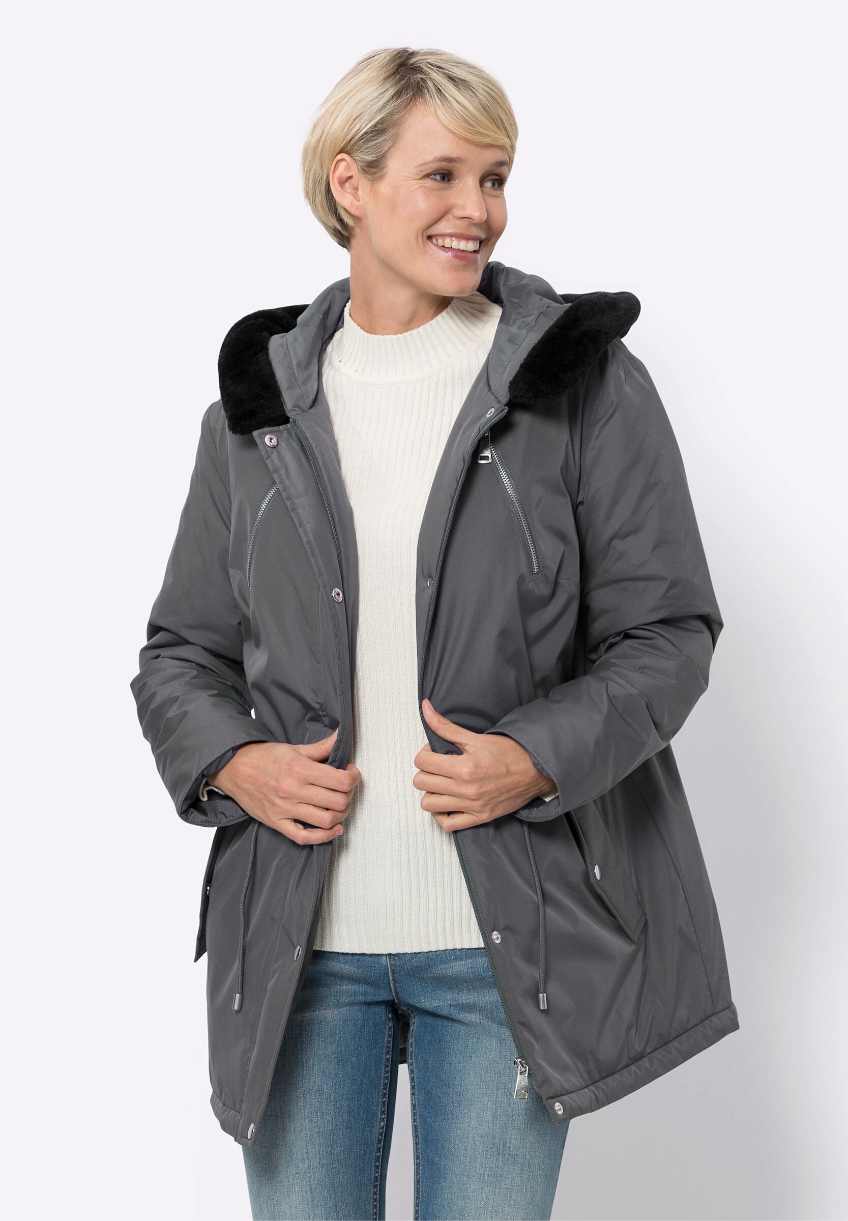 Sieh an! Steppjacke »Jacke Kapuzenjacke mit Pelz-Imitat-Besatz« mit Kapuze