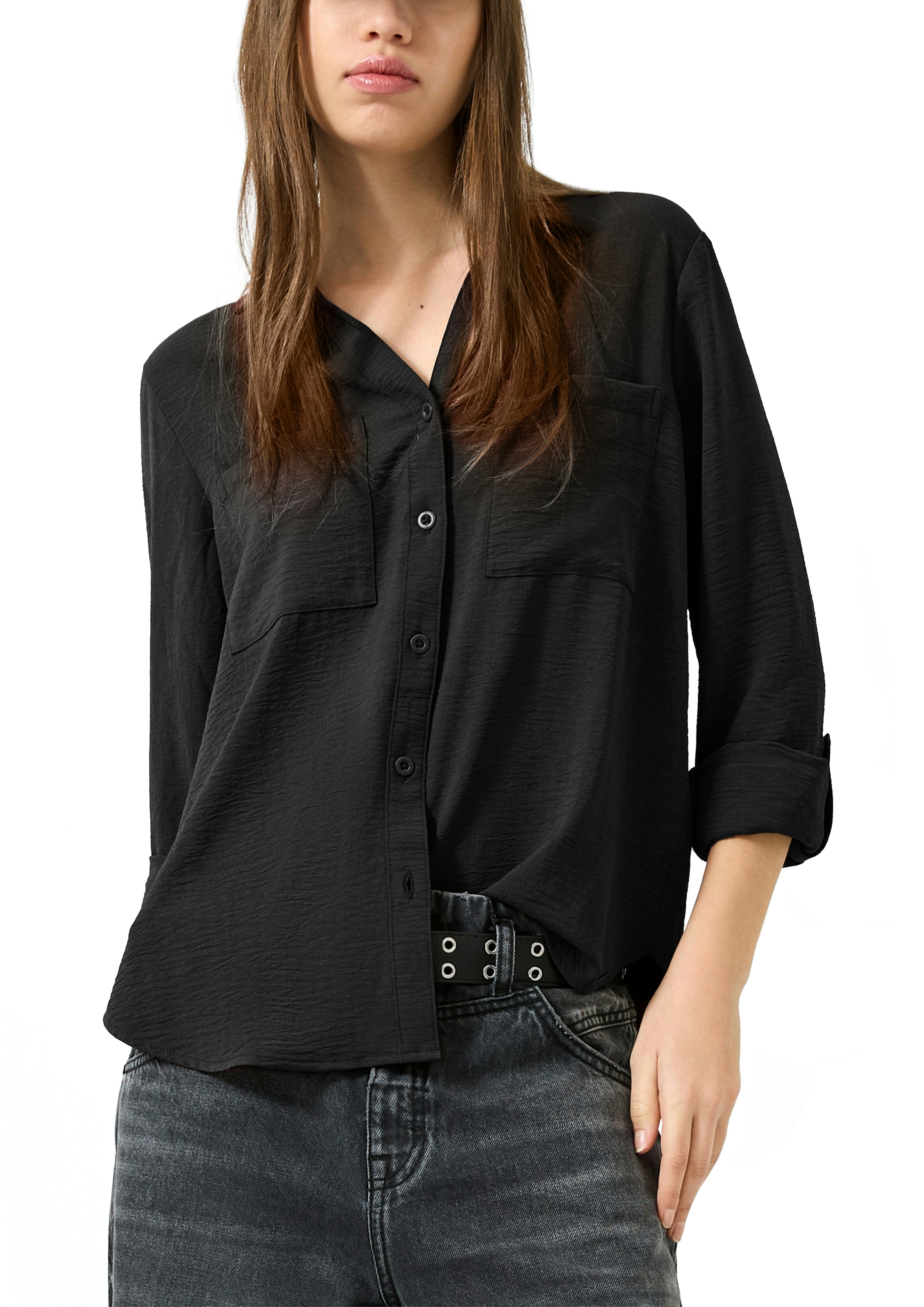 QS Langarmbluse mit Knopfleiste und Brusttaschen