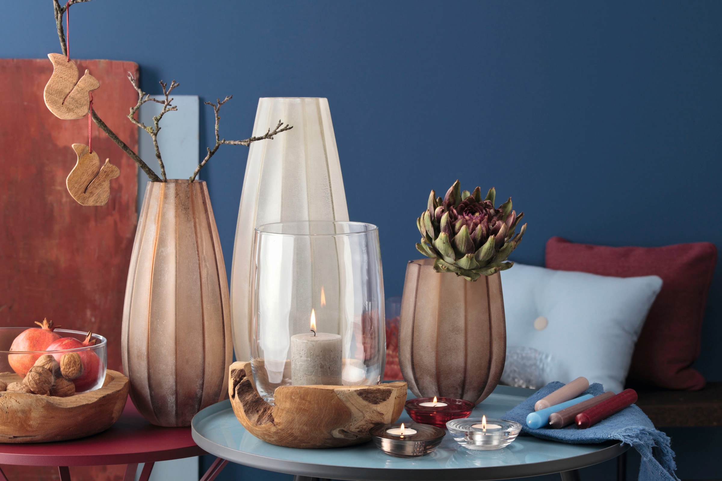 LEONARDO Schale »TERRA«, aus Glas, Ø 28 cm mit Teaksockel, Kalk-Natron-Glas, handgefertigt