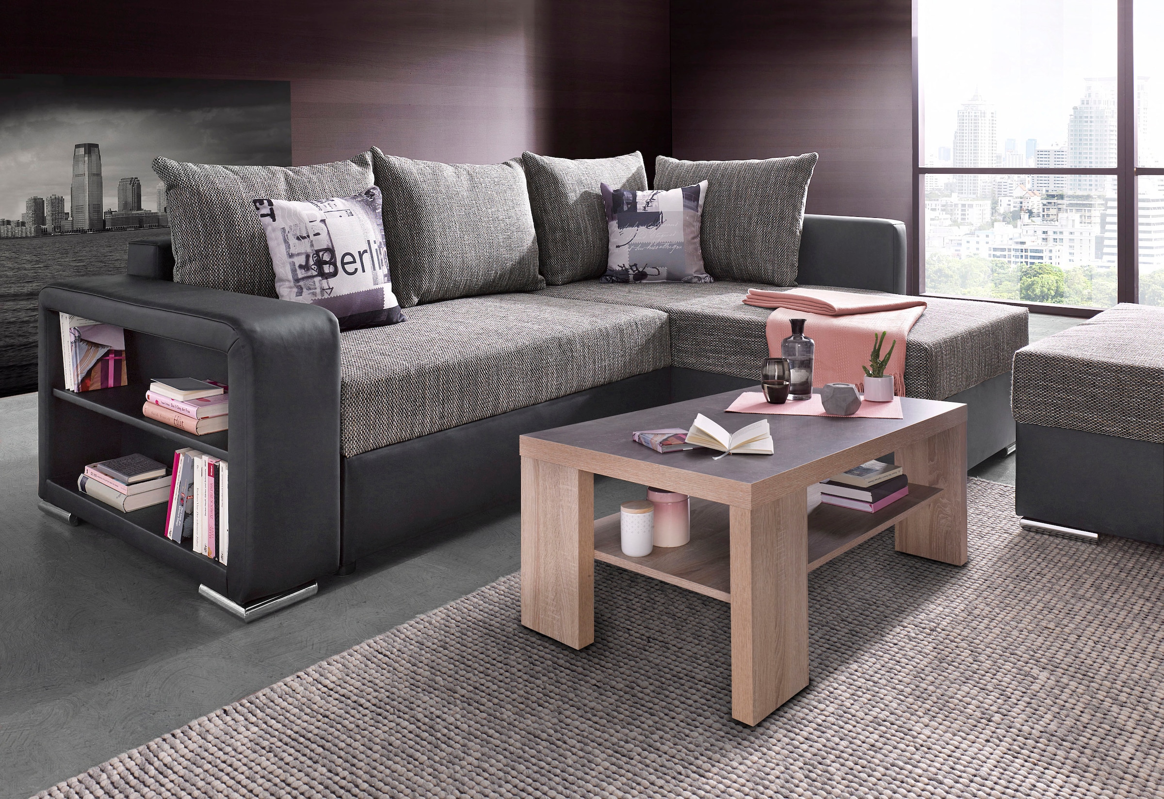 COLLECTION AB Ecksofa »John L-Form«, mit Bettfunktion, Bettkasten und integriertem Regal
