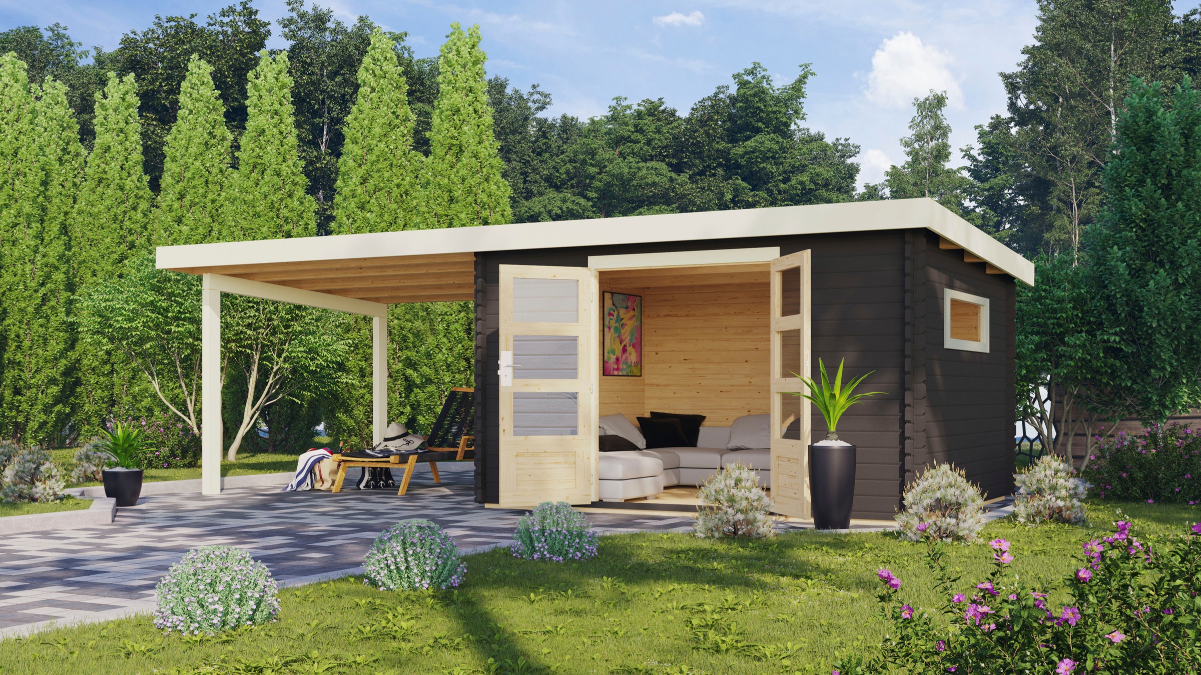 Karibu Gartenhaus »"Tange 5" SET terragrau mit Anbaudach 3,3 m Breite«, aus hochwertiger nordischer Fichte
