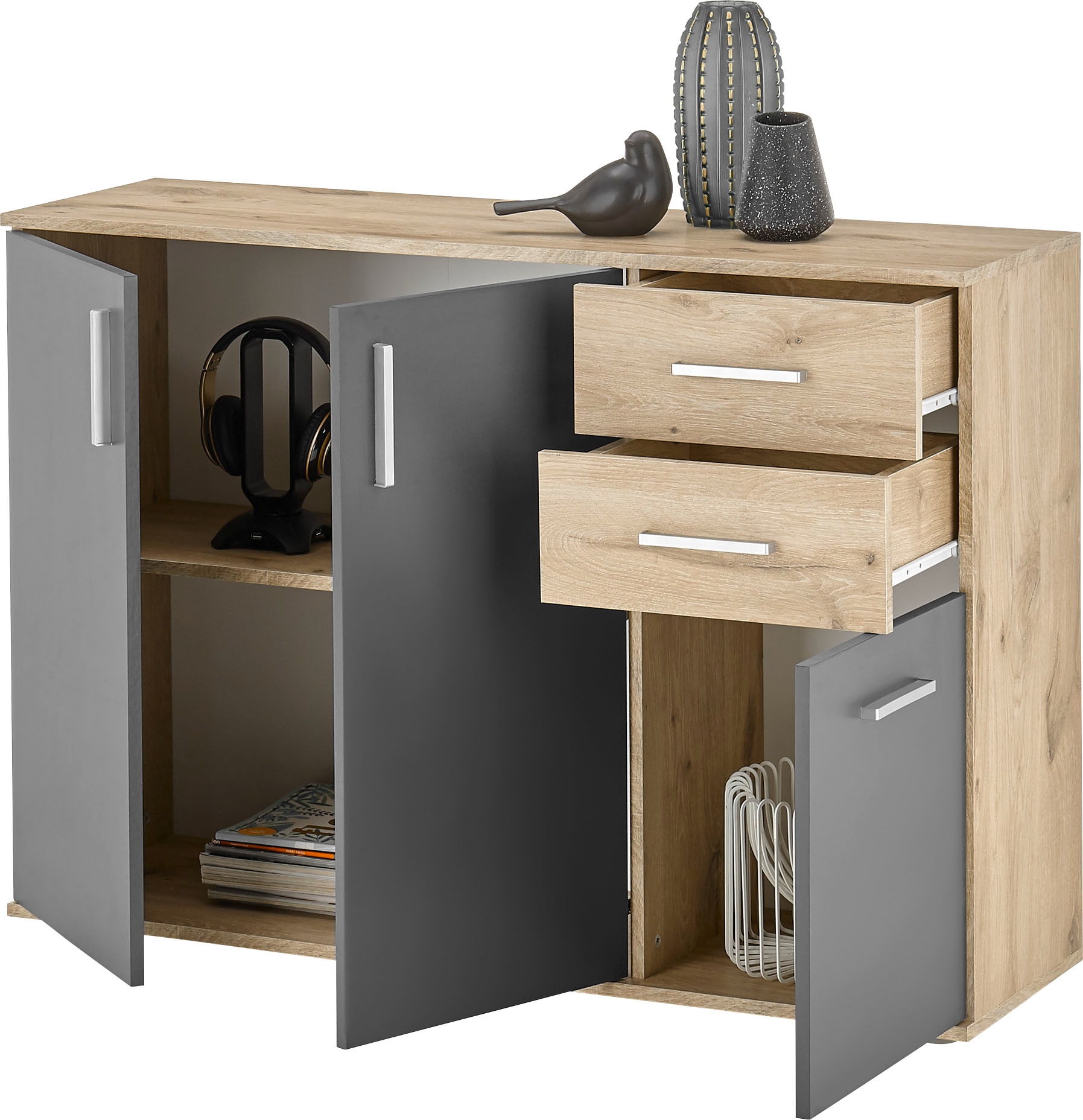 HBZ Kommode »BC-Drift-2, Sideboard Stellmaß BxHxT 120x84x35 cm«, (1 St.), Kommode mit 3 Türen, 2 Schubkästen und 1 Einlegeboden