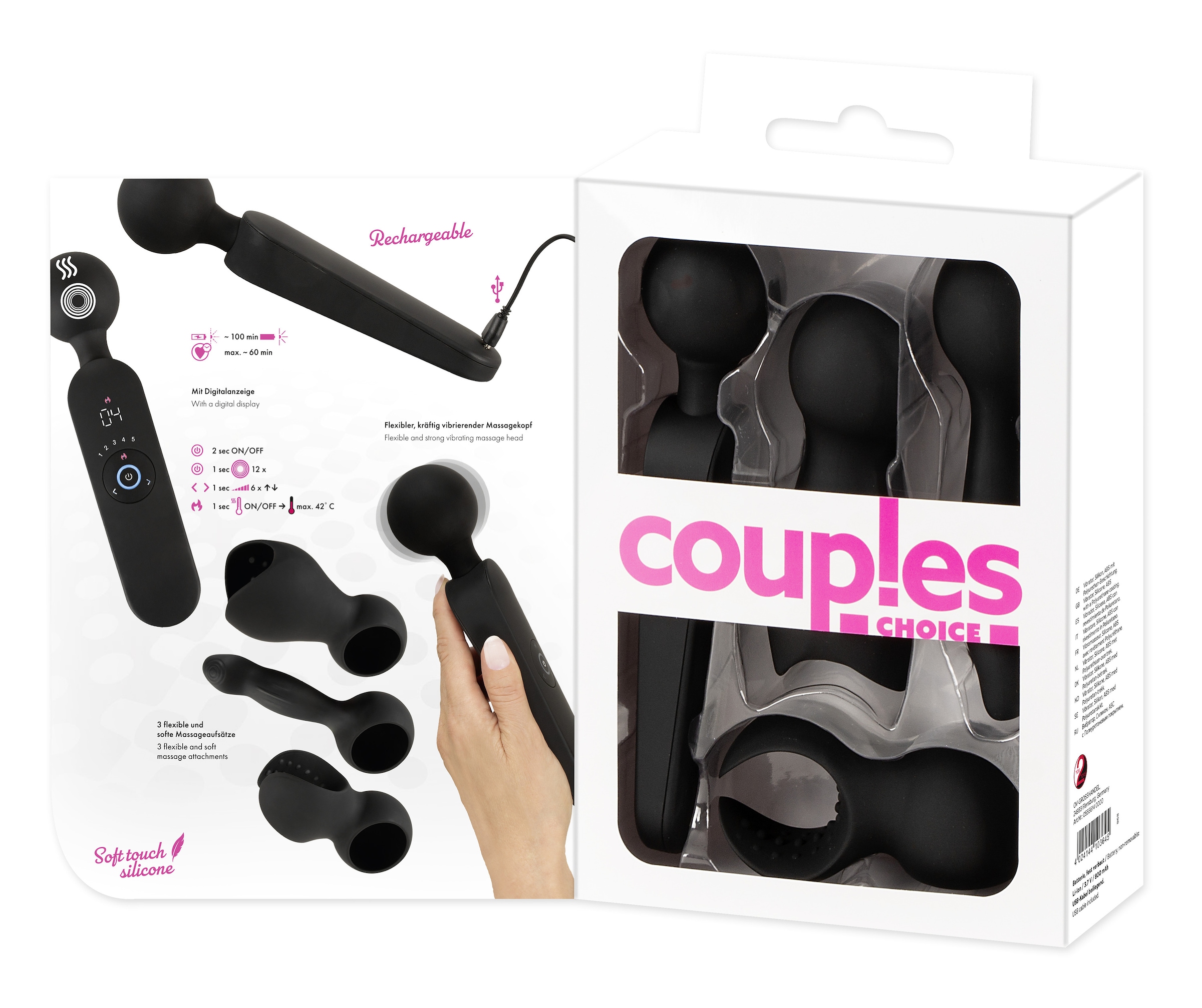 coup!es choice Massagegerät »Massagestab wand vibrator with 3 Attachments«