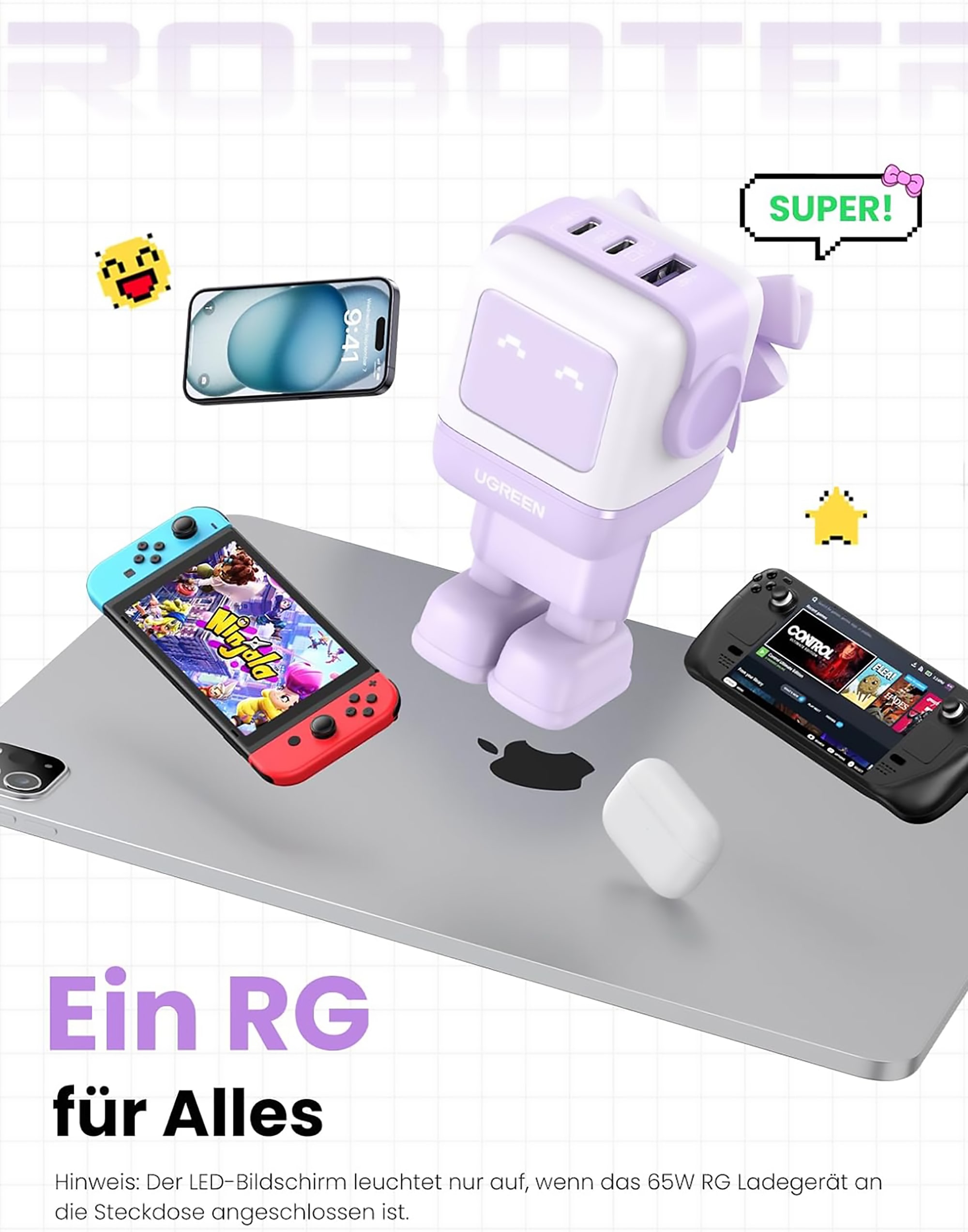 UGREEN USB-Ladegerät »UGREEN Uno Robot GaN Tech 65W USB-A+2*USB-C Fast Charger«, Roboter-Form mit LED-Anzeige und magnetischem Fuß
