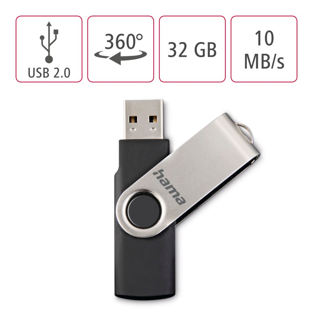 Hama USB-Stick »USB-Stick "Rotate", USB 2.0, 32GB, 10MB/s, Schwarz/Silber«, (Lesegeschwindigkeit 10 MB/s)