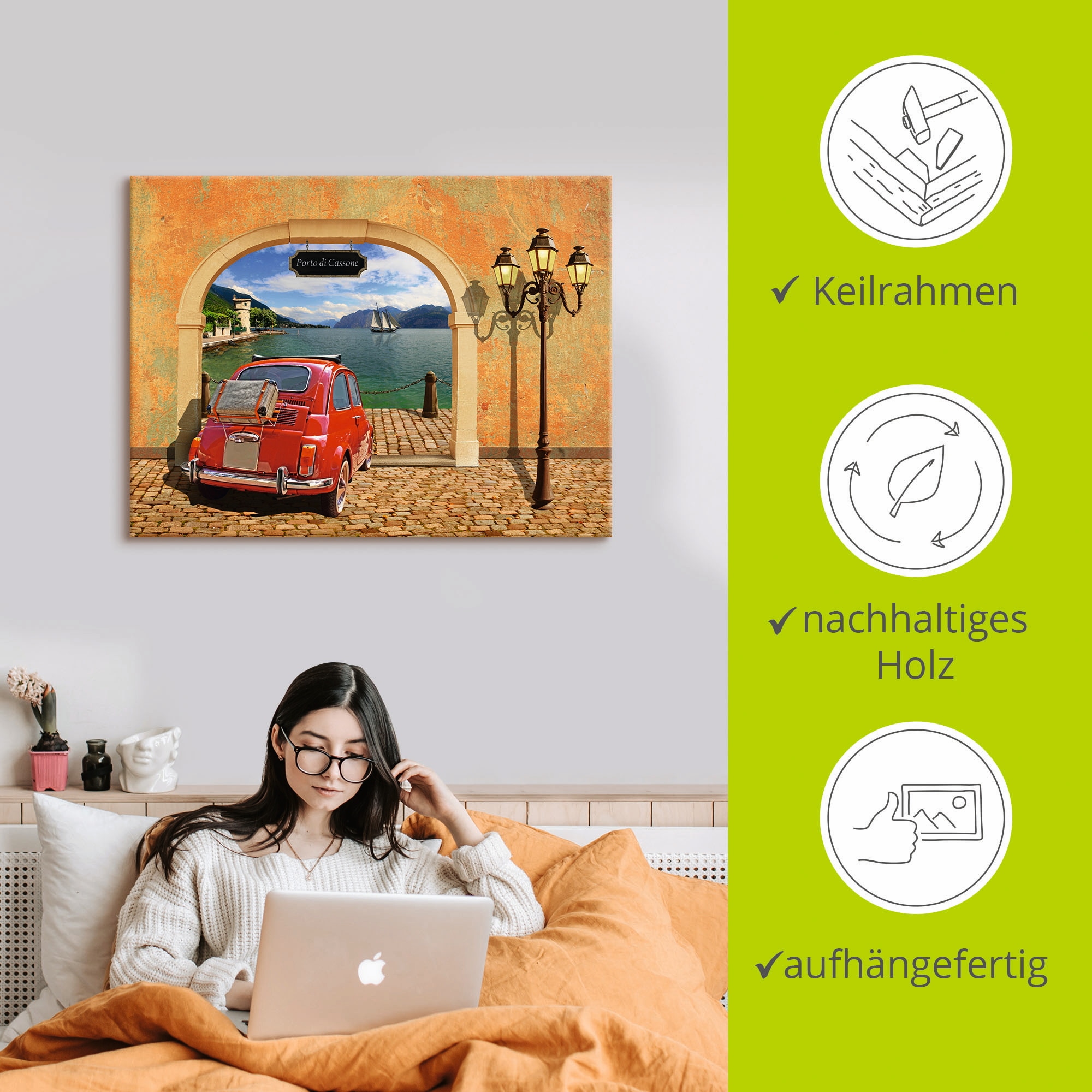 Artland Wandbild »Kleiner italienischer Hafen«, Auto, (1 St.), als Leinwandbild, Poster in verschied. Größen