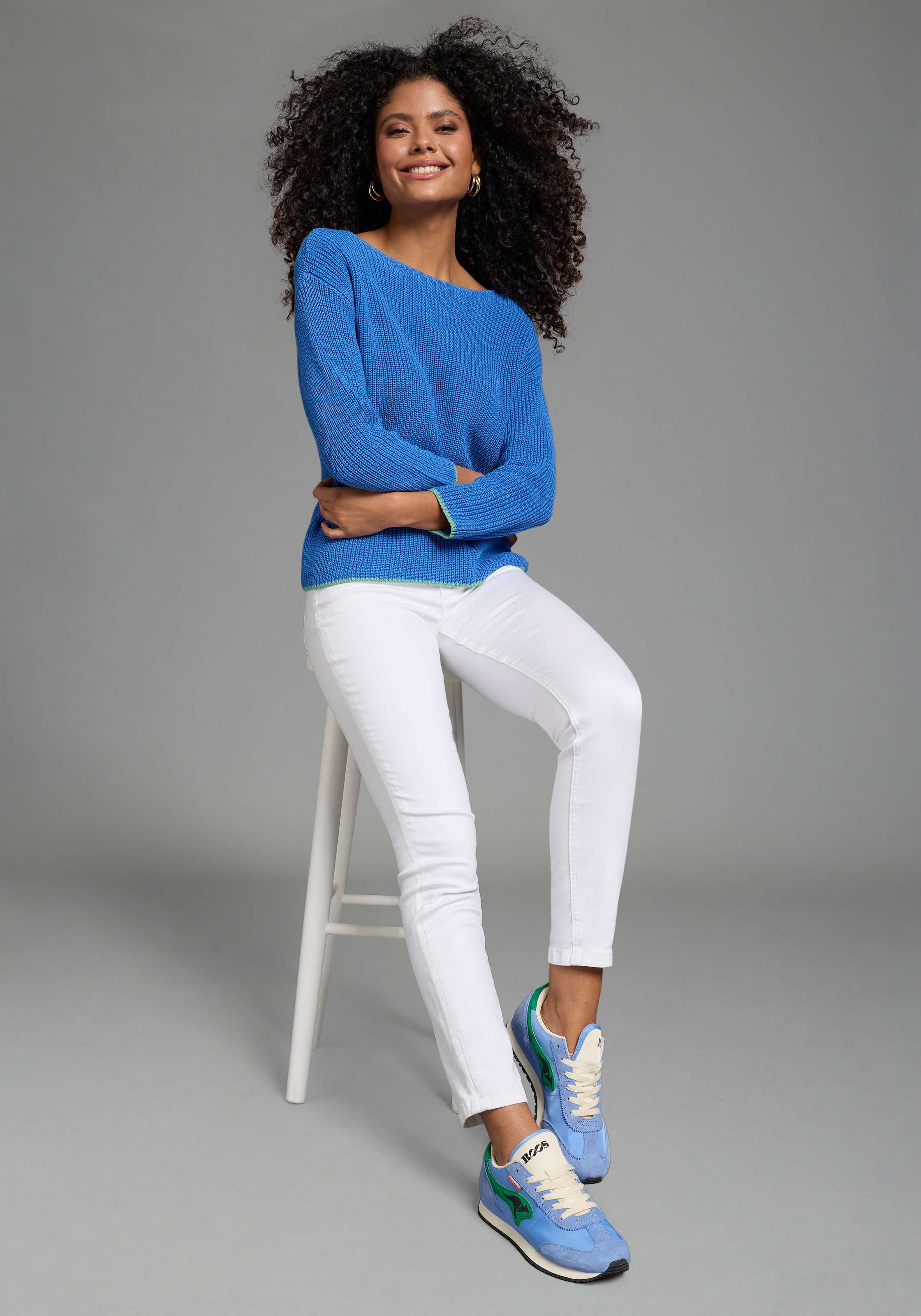 Laura Scott Strickpullover mit Streifenmuster, seitlichem Schlitz und Brusttasche