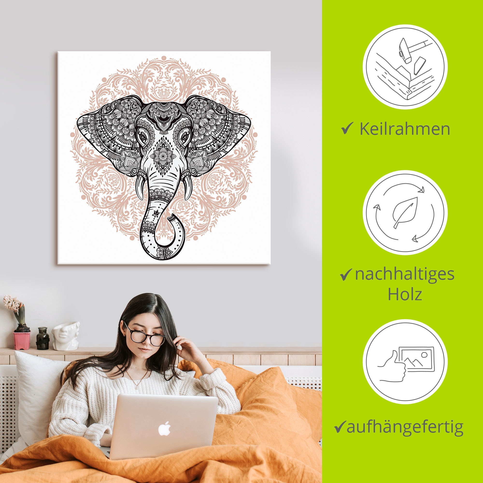 Artland Wandbild »Vintage Mandala Elefant«, Wildtiere, (1 St.), als Leinwandbild, Poster, Wandaufkleber in verschied. Größen