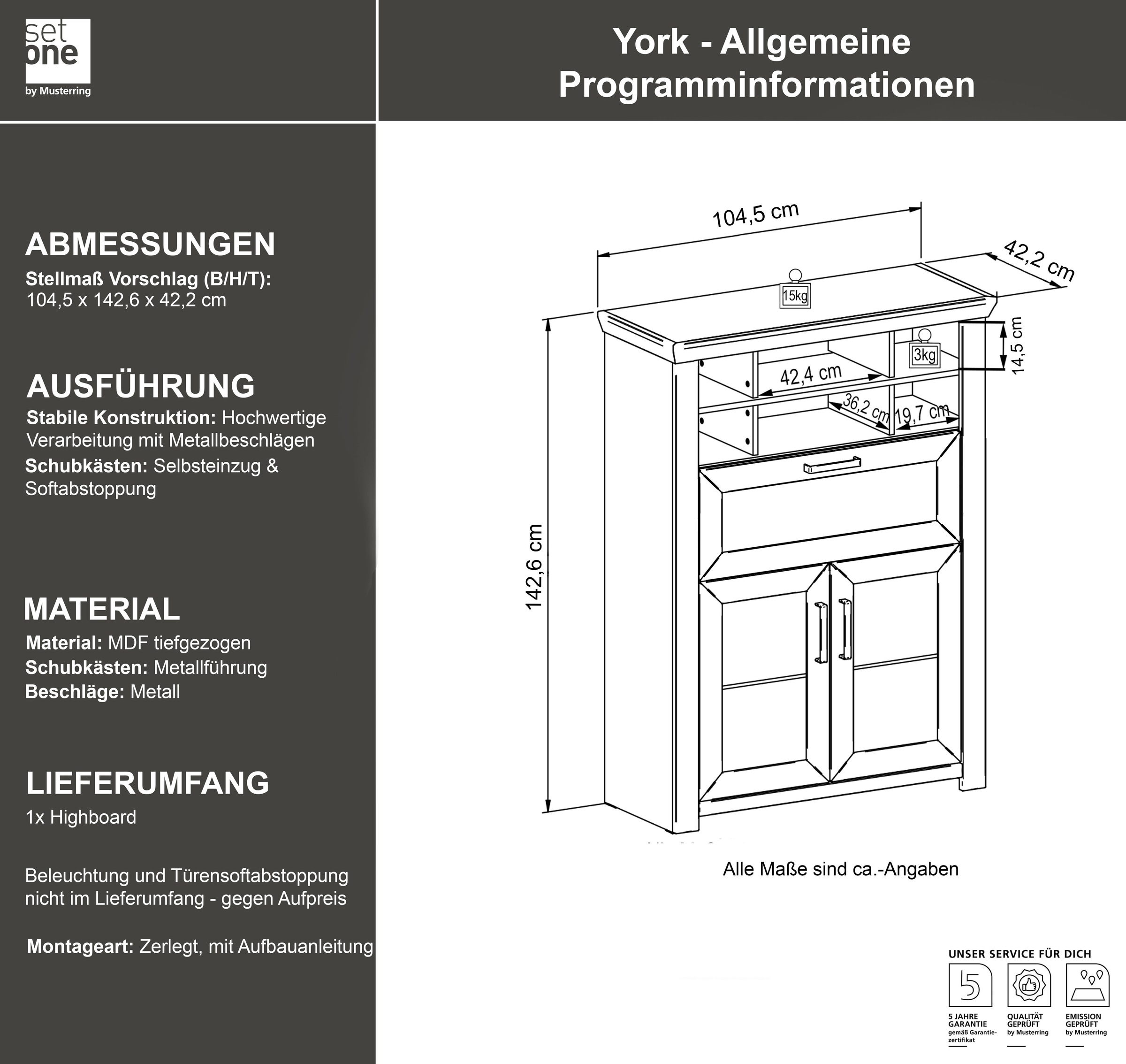 set one by Musterring Highboard »York« Typ 15, mit Holztüren und Klappe, Beleuchtung optional, Breite 105 cm