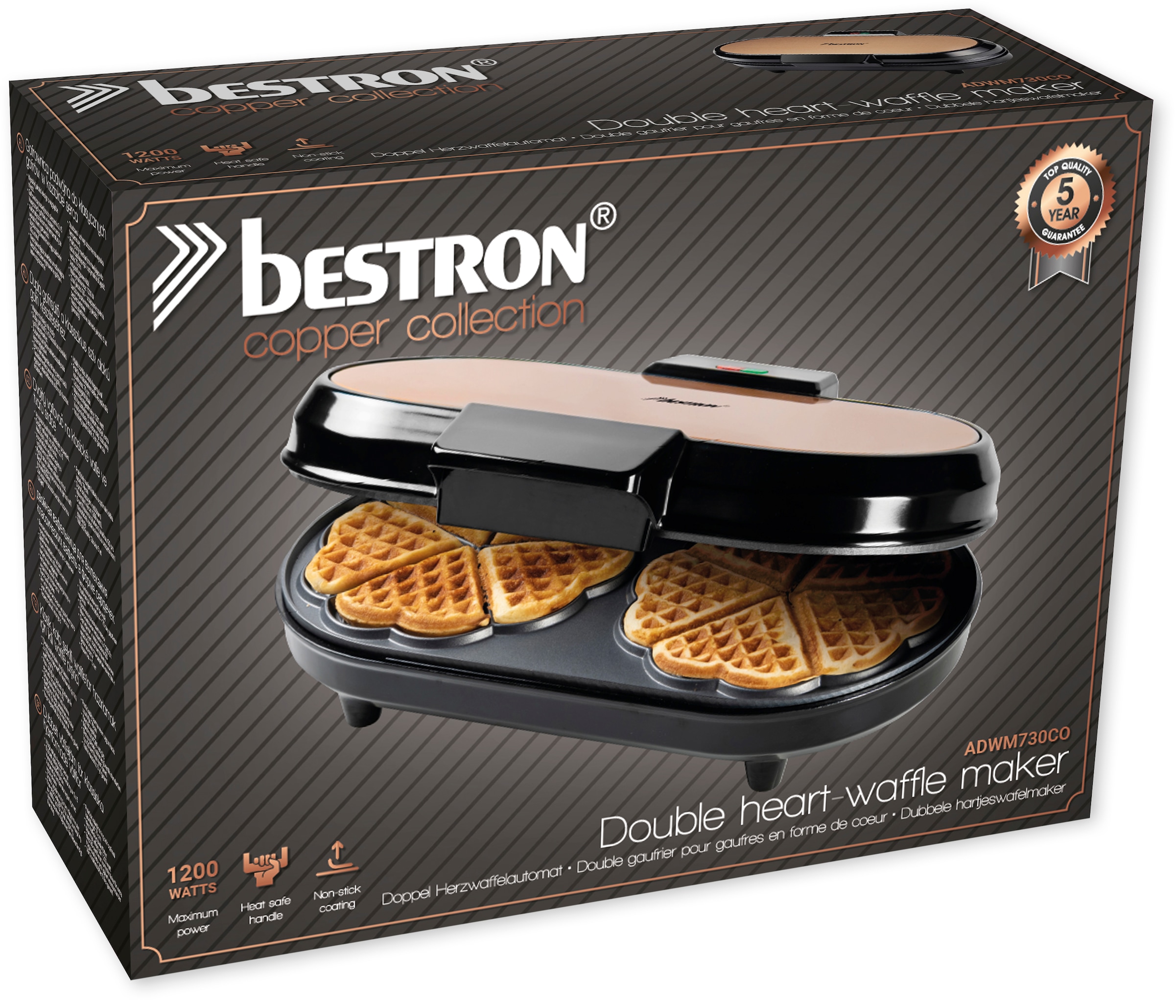 bestron Waffeleisen »ADWM730CO«, 1200 W, für klassische Herzwaffeln, mit Backampel & Antihaftbeschichtung