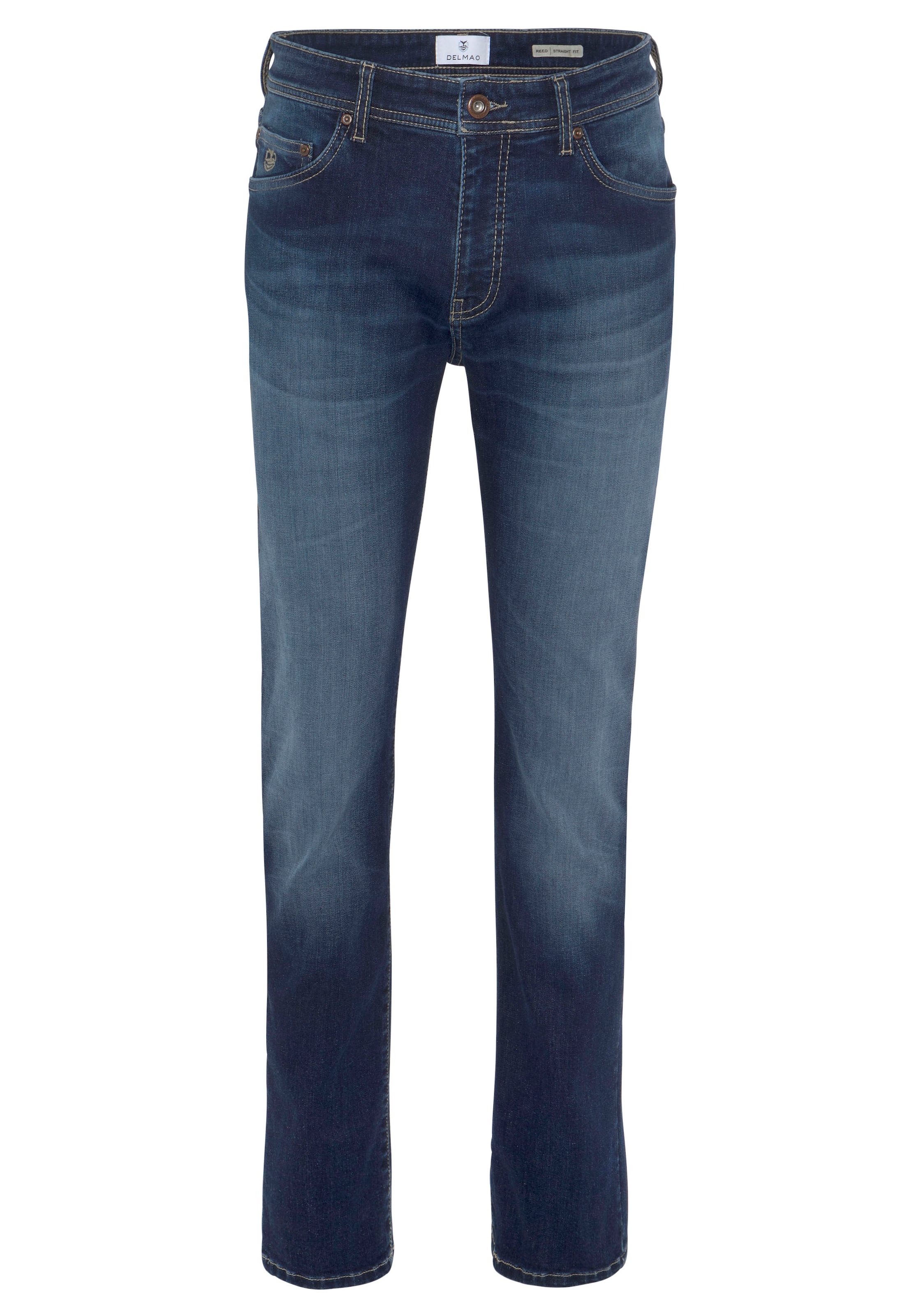 DELMAO Stretch-Jeans »"Reed"«, gerader Beinschnitt, Used-Look-Waschung, niedrige Leibhöhe