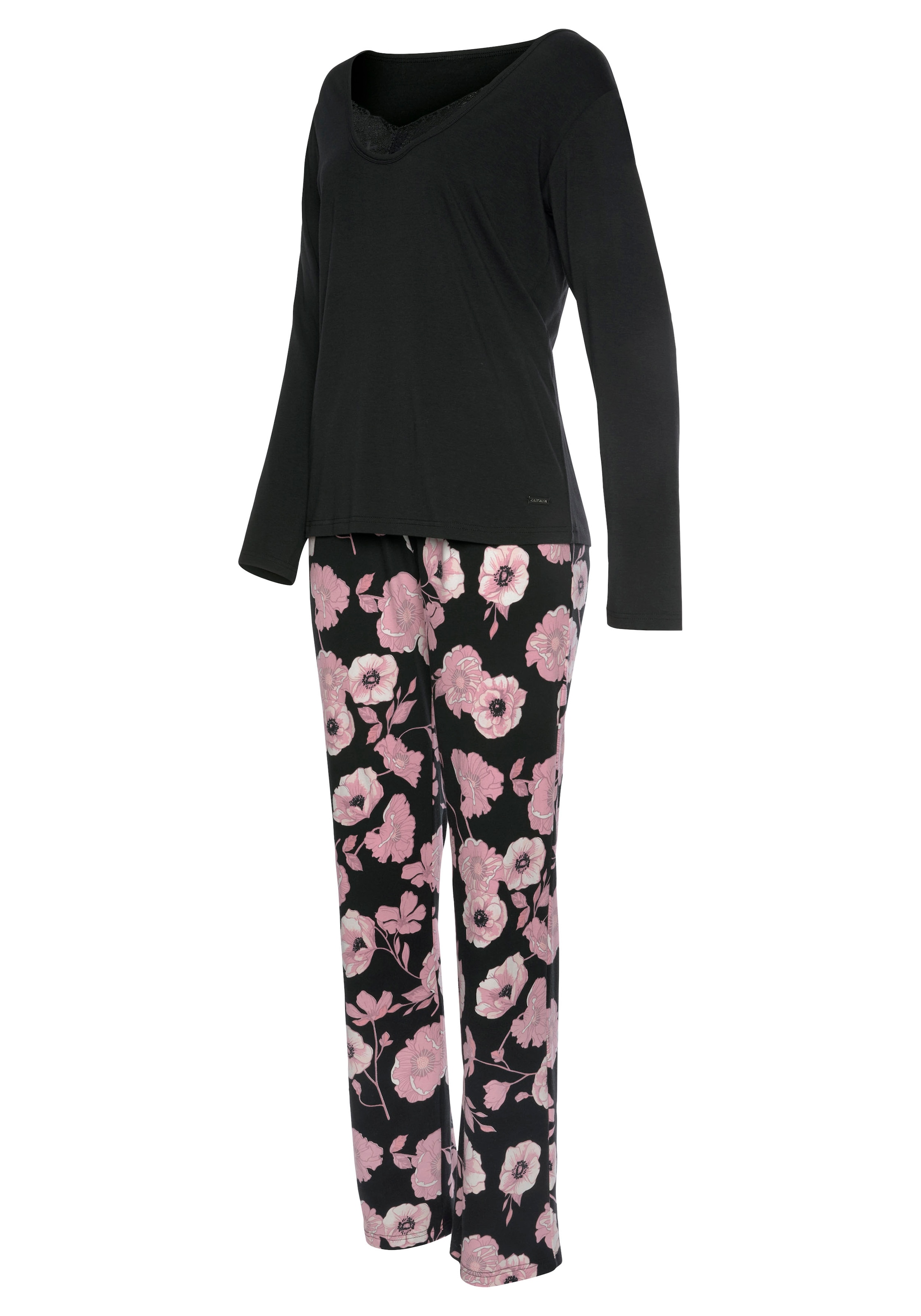 LASCANA Pyjama, (2 tlg.), mit Blumenmuster und Spitzendetails