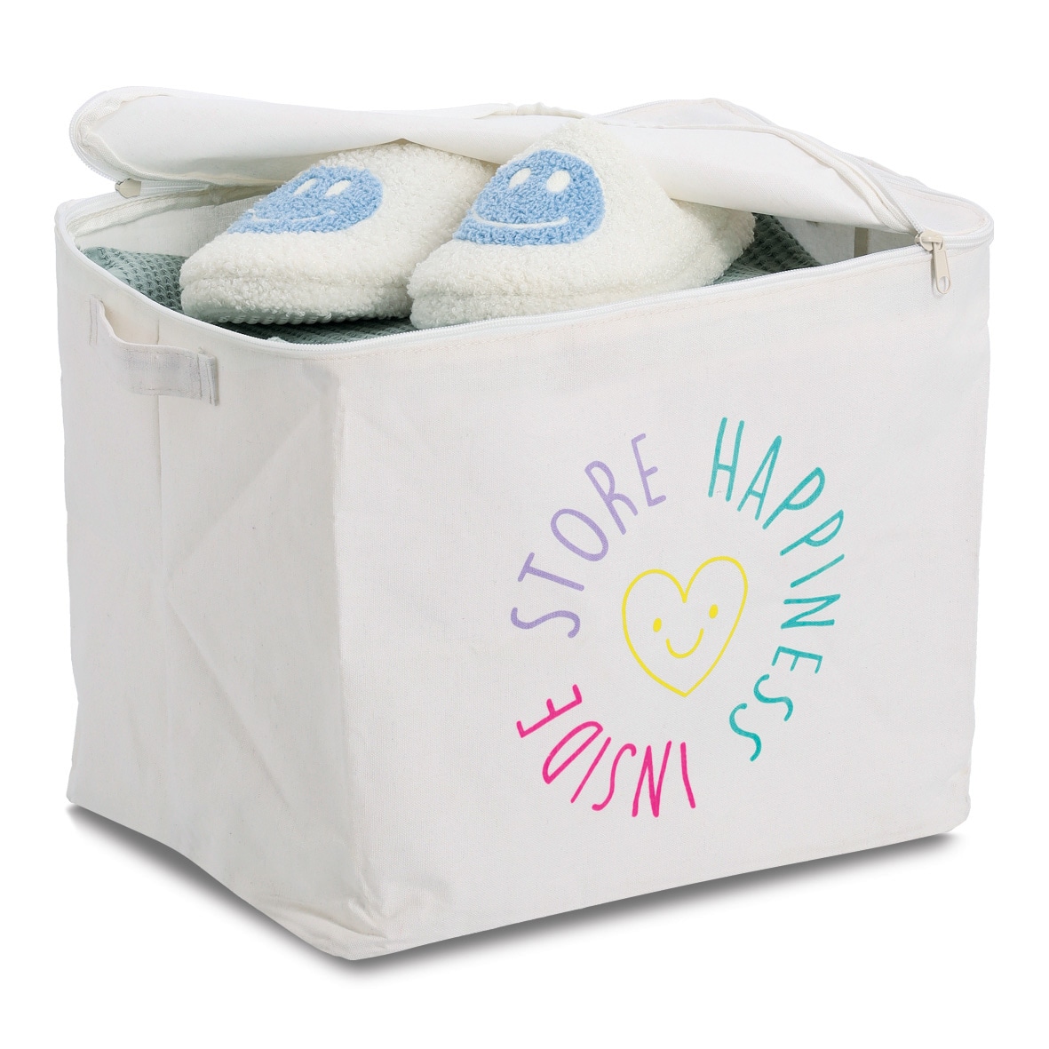 Zeller Present Aufbewahrungsbox »Aufbewahrungsbox, Polyester/Baumwolle, creme« mit Reißverschluss "Happiness", 2er Set, ca. 39x29x30 cm