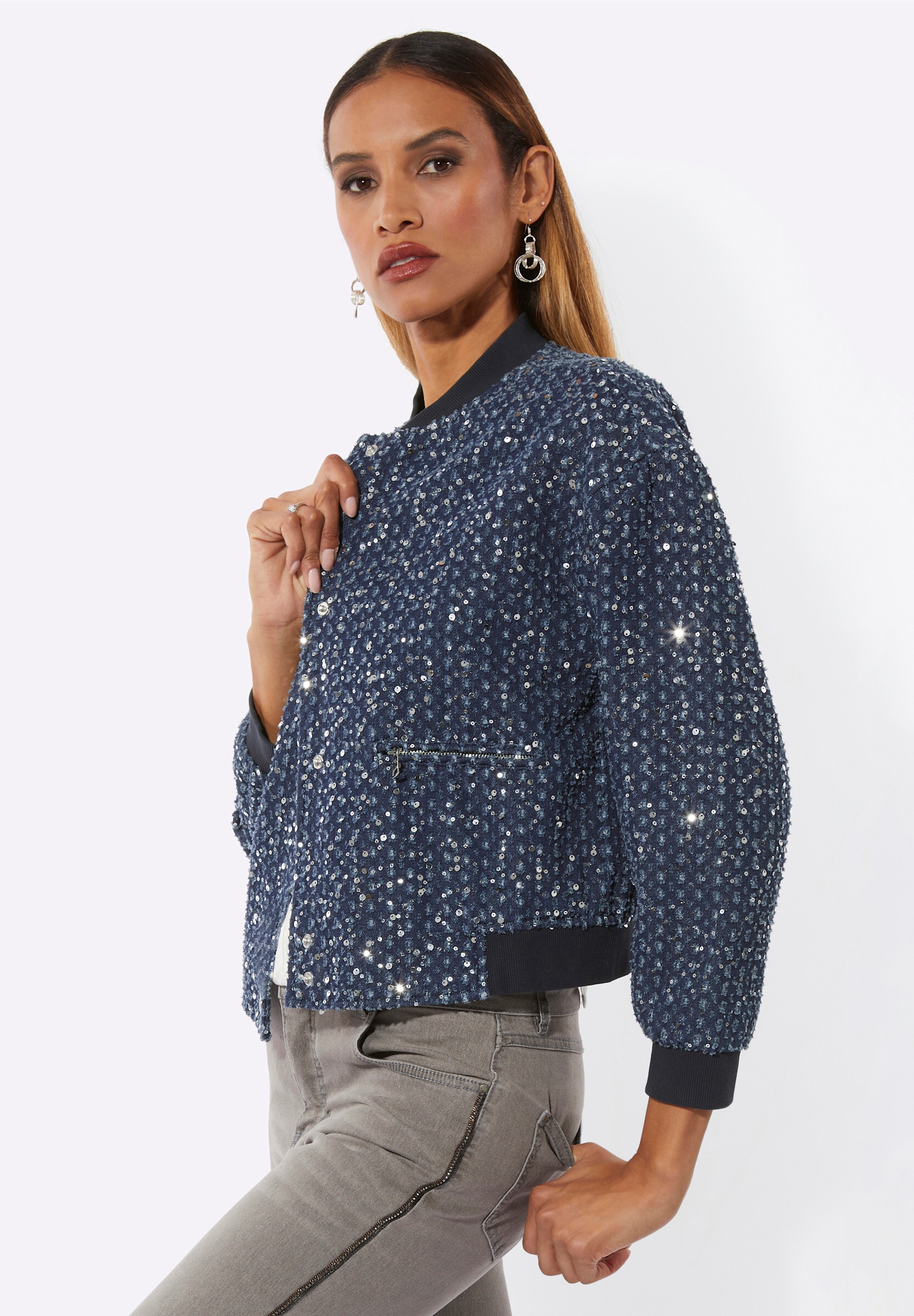 creation L Blusenblazer »Jeans-Blouson Blouson mit schimmernden Pailletten«