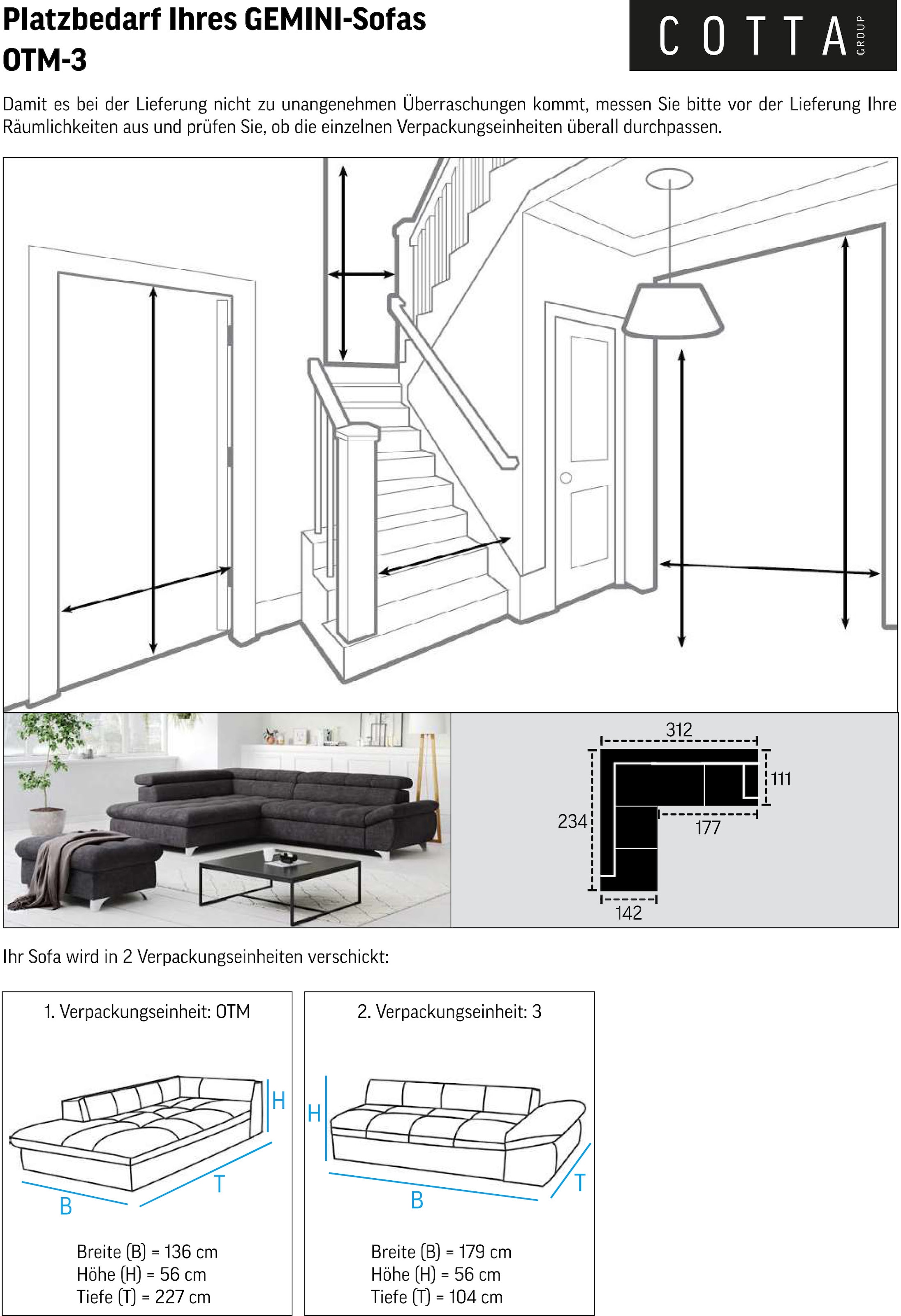 COTTA Ecksofa »Gemini L-Form«, mit Kopfverstellung, optional mit Schlaffunktion bzw. XXL-Sitzfläche