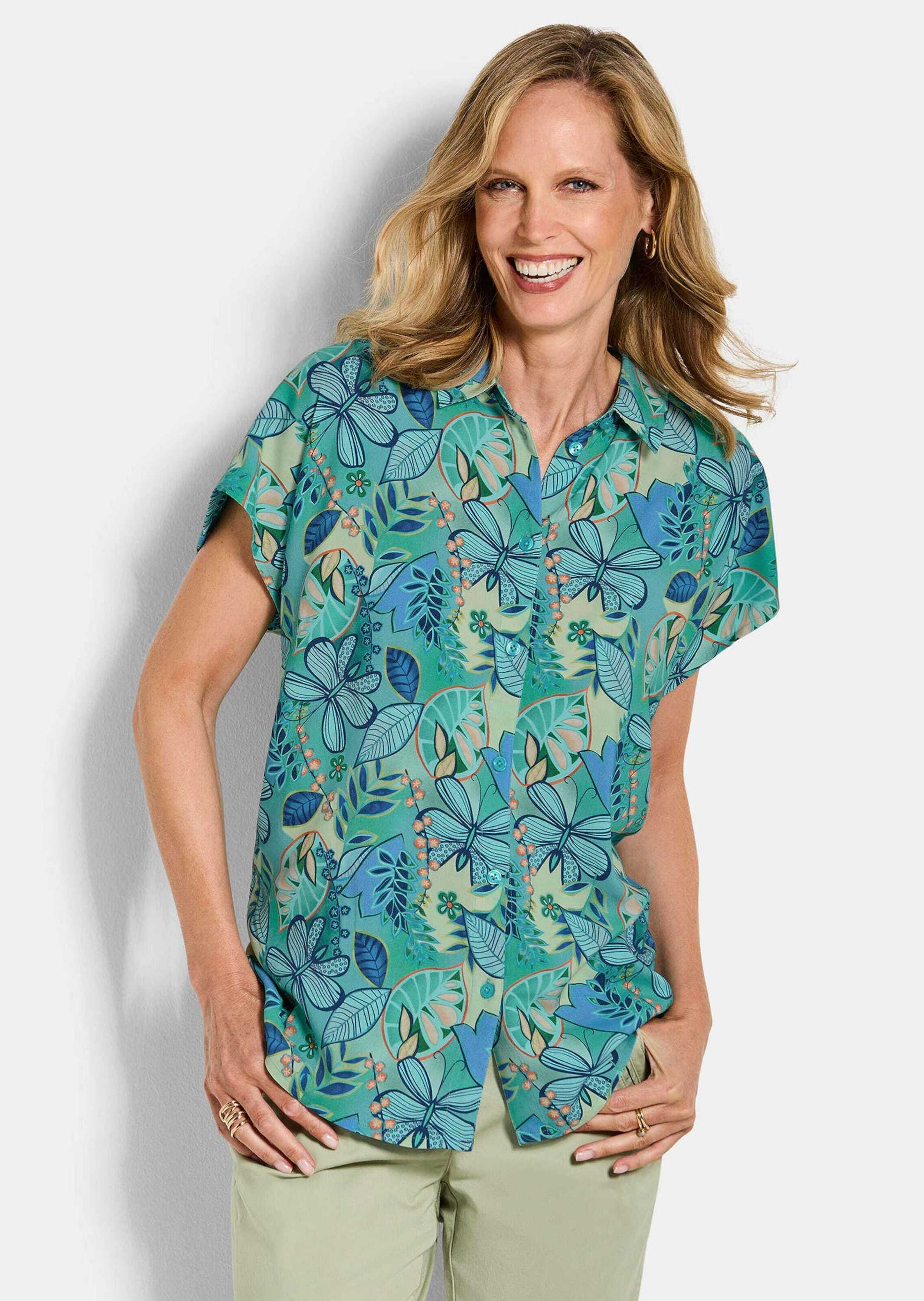 GOLDNER Hemdbluse »Kurzgröße Hemdbluse mit floralem Design« Sattel im Rückenteil