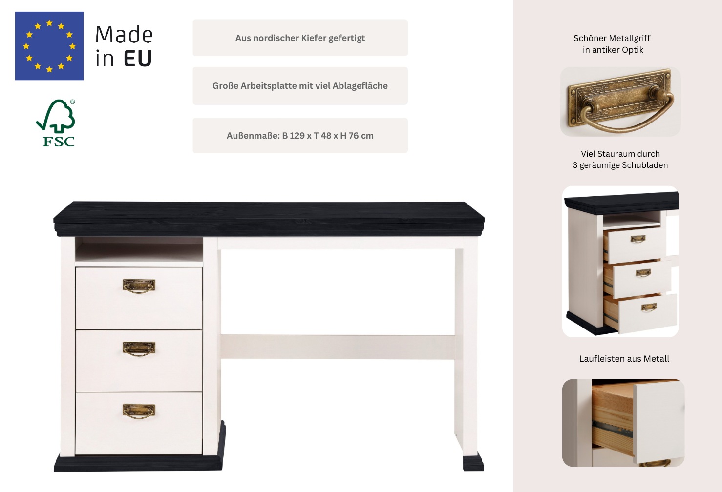 Home affaire Schreibtisch »Konrad«, aus zertifiziertem Massivholz, mit Schubladen, Breite 129 cm