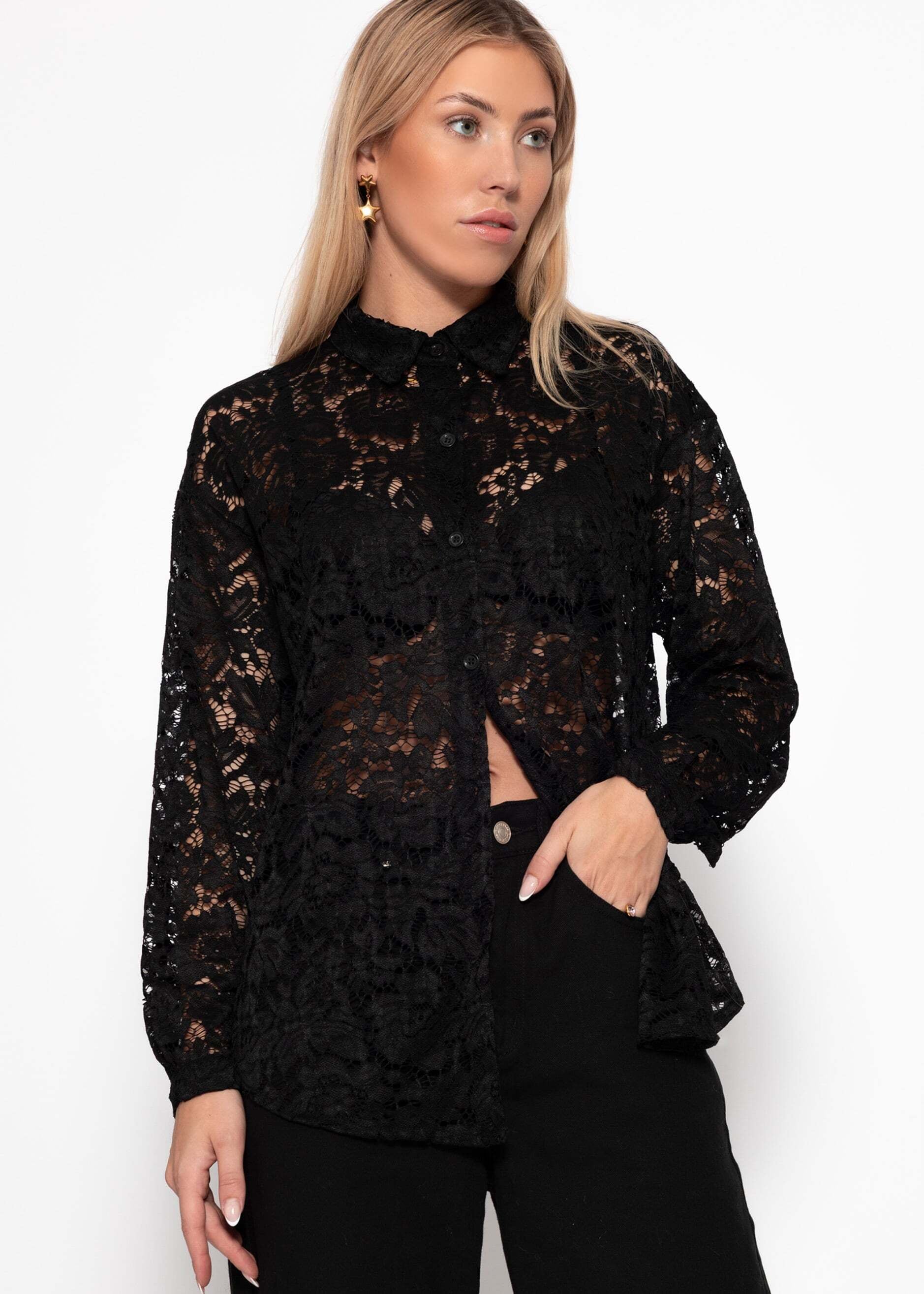 SASSYCLASSY Spitzenbluse »Bluse aus transparenter Spitze« Elegante Buse mit Hemdblusenkragen im lockeren Schnitt Braun Schwarz
