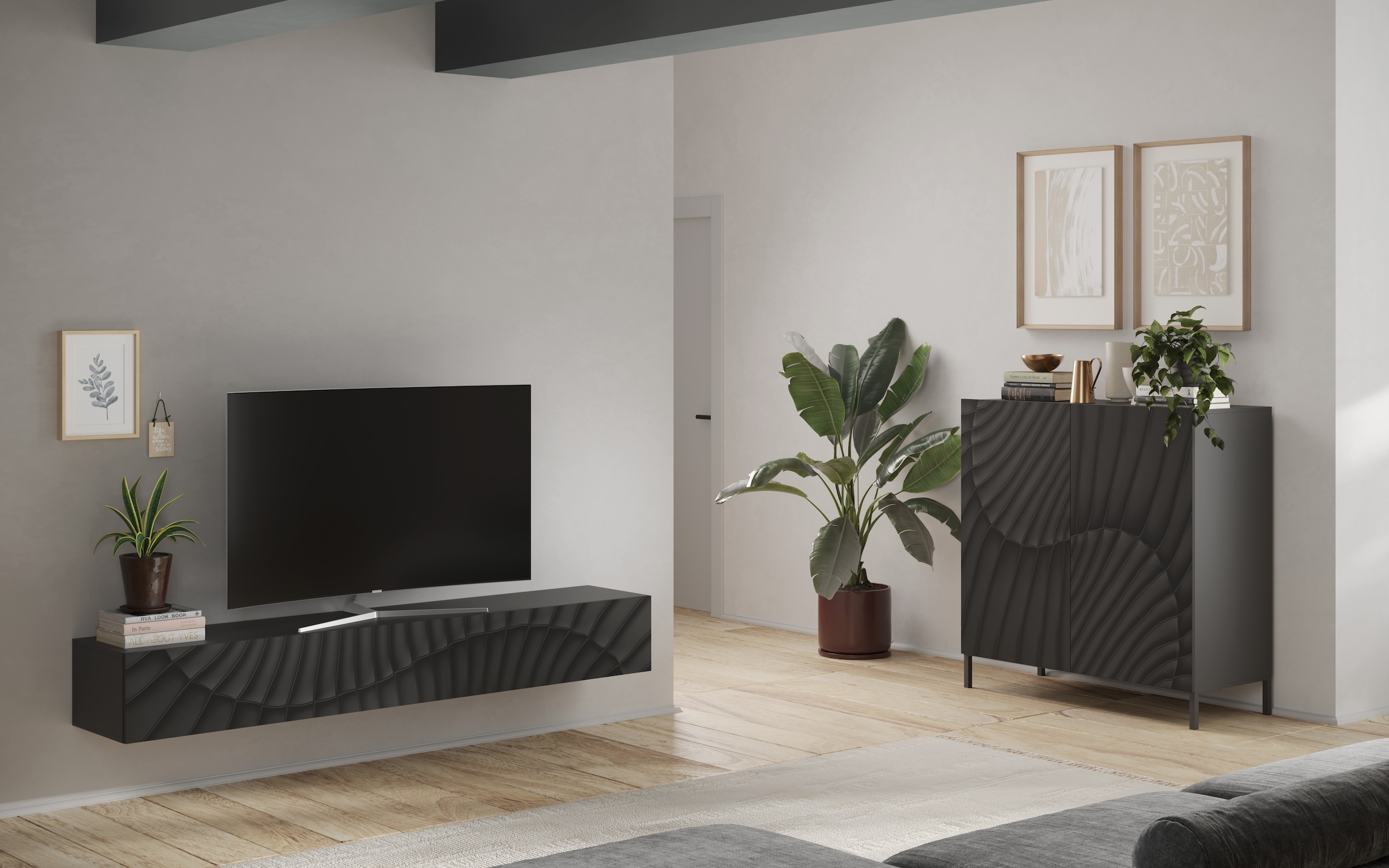 INOSIGN Lowboard »Snake Breite 210 cm, modernes TV-Board hängend mit 1 Klappe,«, TV-Möbel, TV-Schrank, Front mit Siebdruck