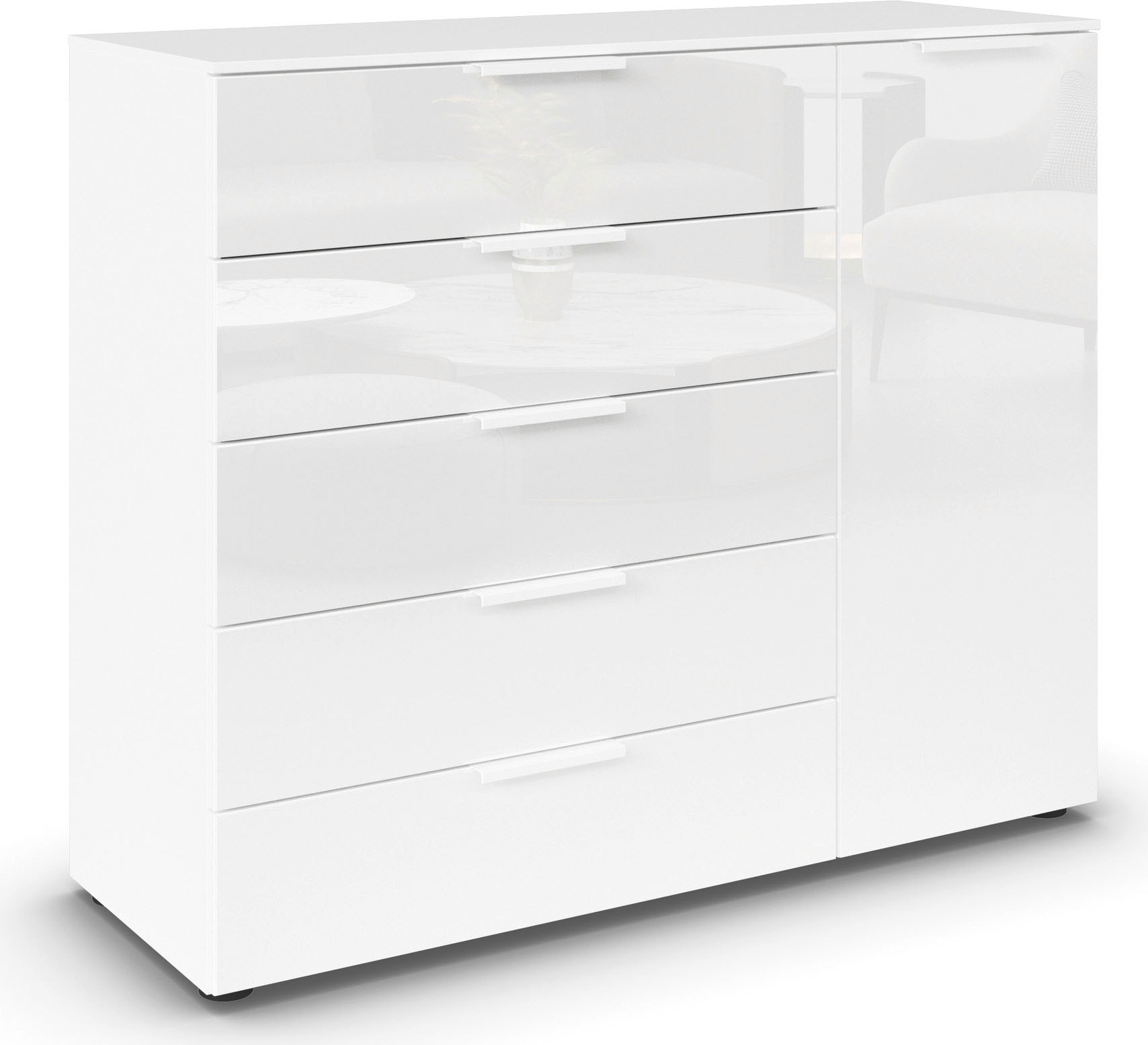 rauch Schubkastenkommode »Kommode Türkommode Sideboard Kombikommode FLIPP mit Glasfront« Breite 120 cm mit 2 Einlegeböden,  1-türig mit 5 Schubladen und Soft-Close-Funktion sowie Glasfront