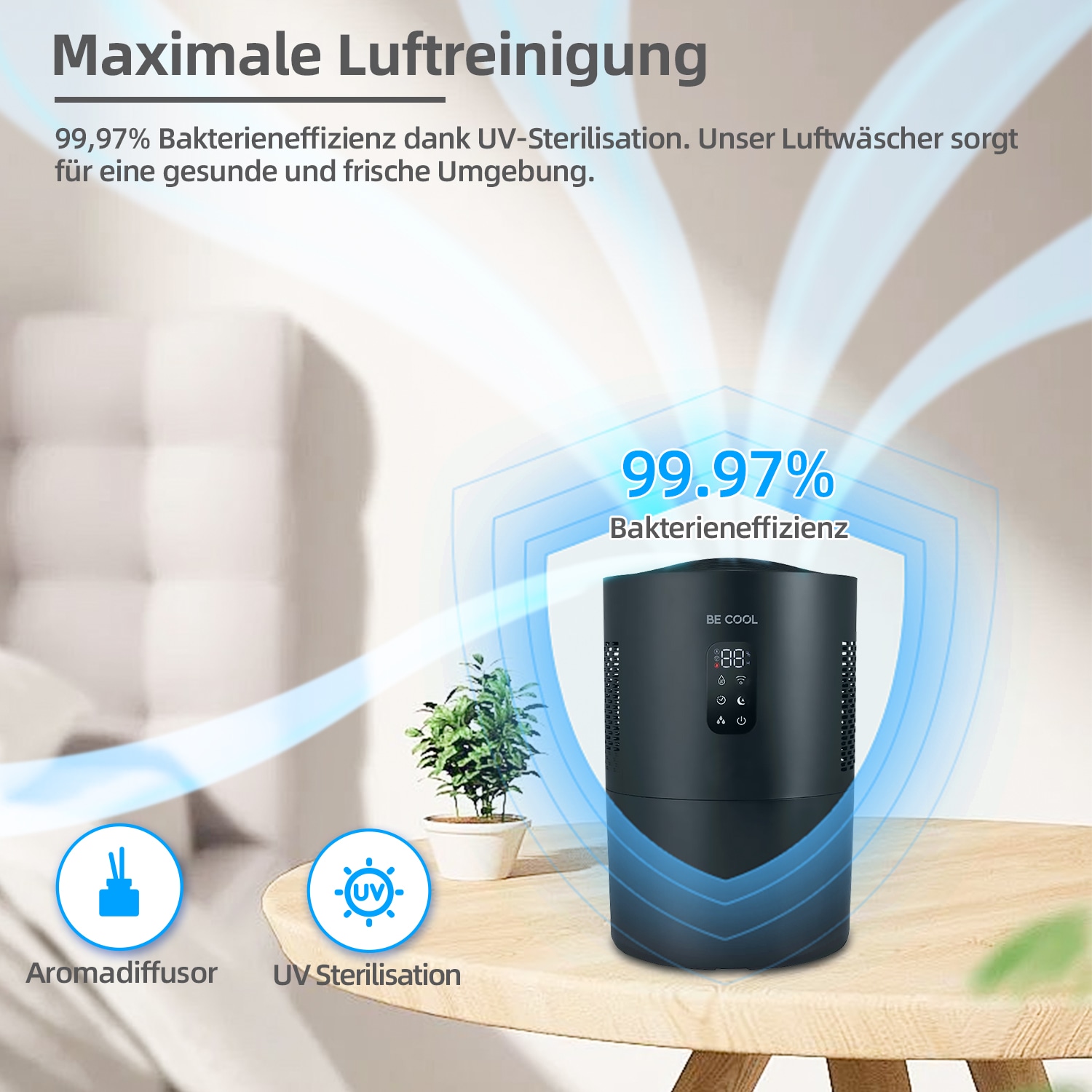 be cool Luftbefeuchter »Luftwäscher BCAW2402«, 4,5 l Wassertank, abwaschbarer Wasserfilter, Wifi, Aroma- und UV-Sterilisation