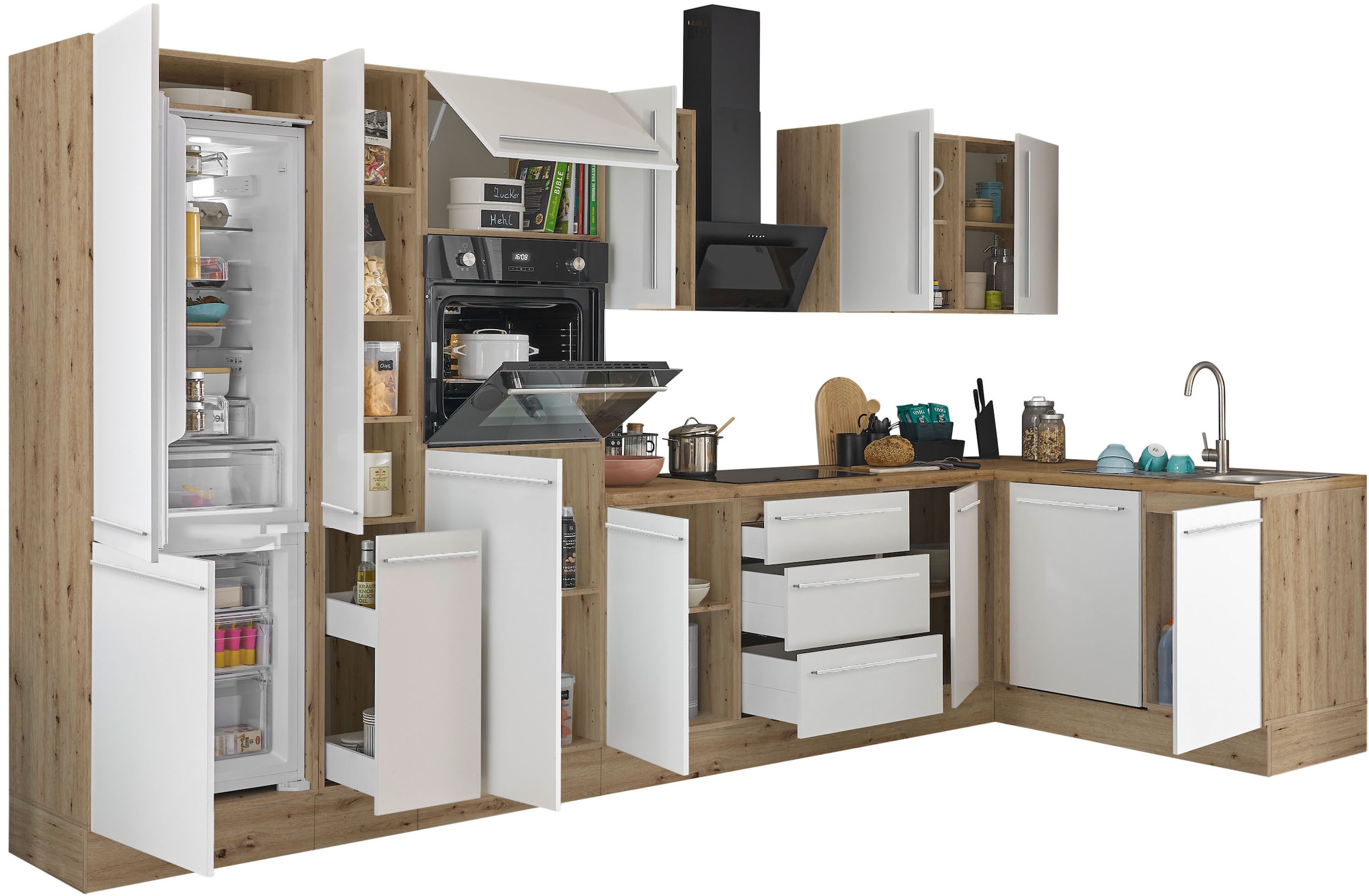 KOCHSTATION Winkelküche »Florida, Stellbreite 370x175 cm«, wahlweise mit E-Geräten, mit Softclose für Türen und Schubkästen