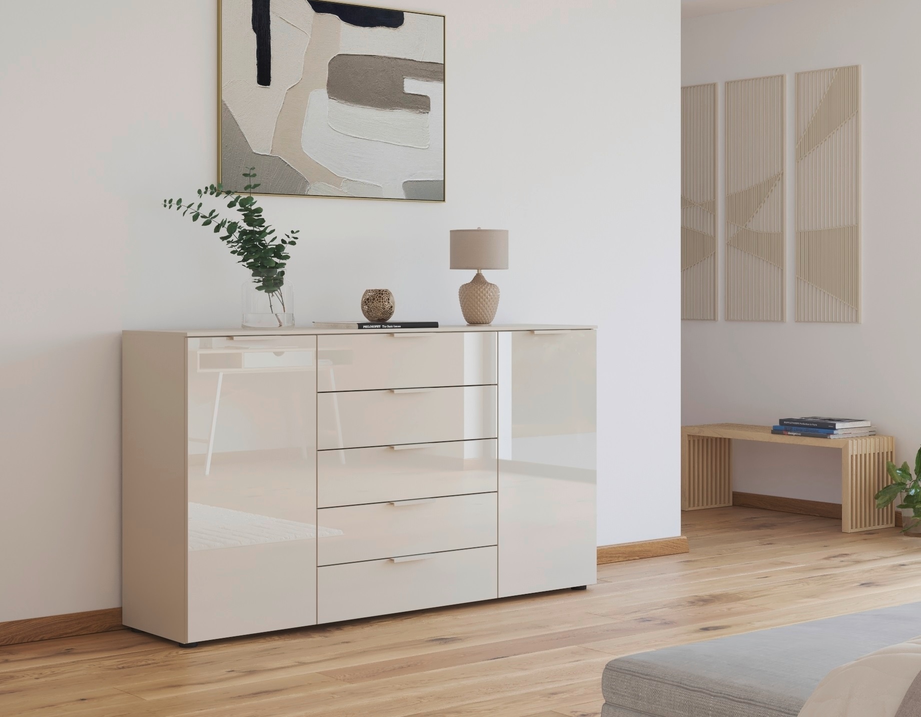 rauch Schubkastenkommode »Kommode Türkommode Sideboard Kombikommode FLIPP mit Glasfront«, (Breite 160/180 cm mit 4 Einlegeböden), 2-trg mit 5 Schubladen und Soft-Close, 2 Breiten MADE IN GERMANY
