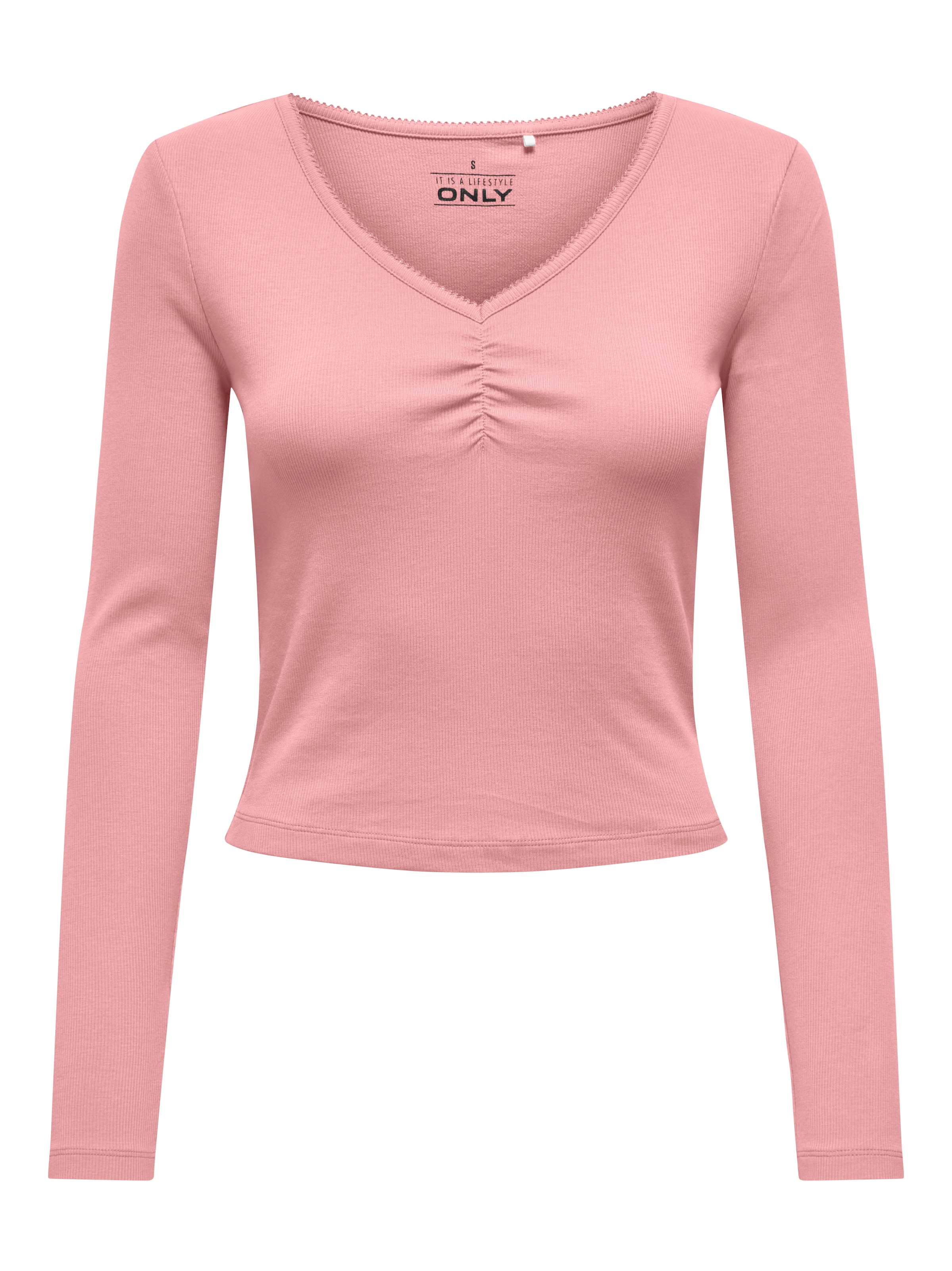 ONLY Langarmshirt »ONLBETTY LIFE L/S SCALLOP V-NECK CC JRS« mit Raffung am Ausschnitt