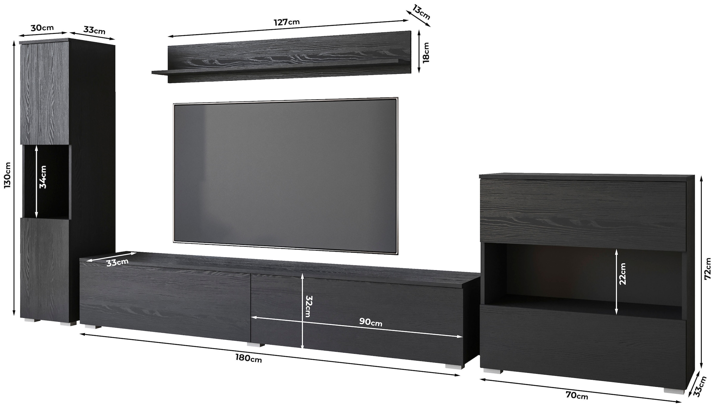 INOSIGN Wohnwand »PARIS«, (Komplett-Set, 4 St.), TV-Wand 300cm breite, grifflose Design, stehend und hängend montierbar