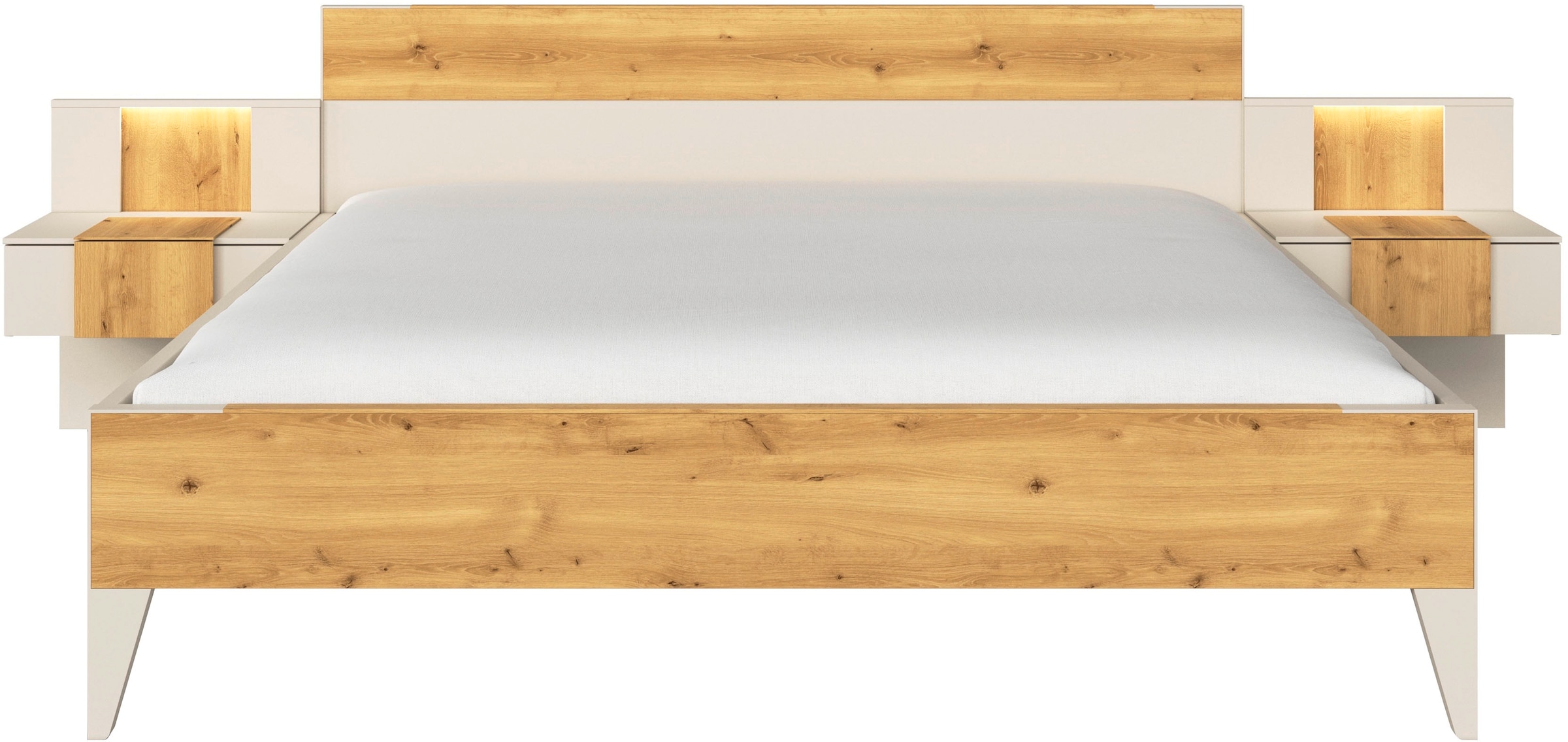 rauch Bettanlage »Bett Doppelbett Komfortbett Schlafzimmer Nachttische KONA« Set, Bett 180x200 oder 200x200, 2x Hängenachttisch, 2x Paneele mit Bel., 5 tlg. tlg. Absetzung Asteiche massiv, inkl. SOFT-CLOSE-FUNKTION MADE IN GERMANY