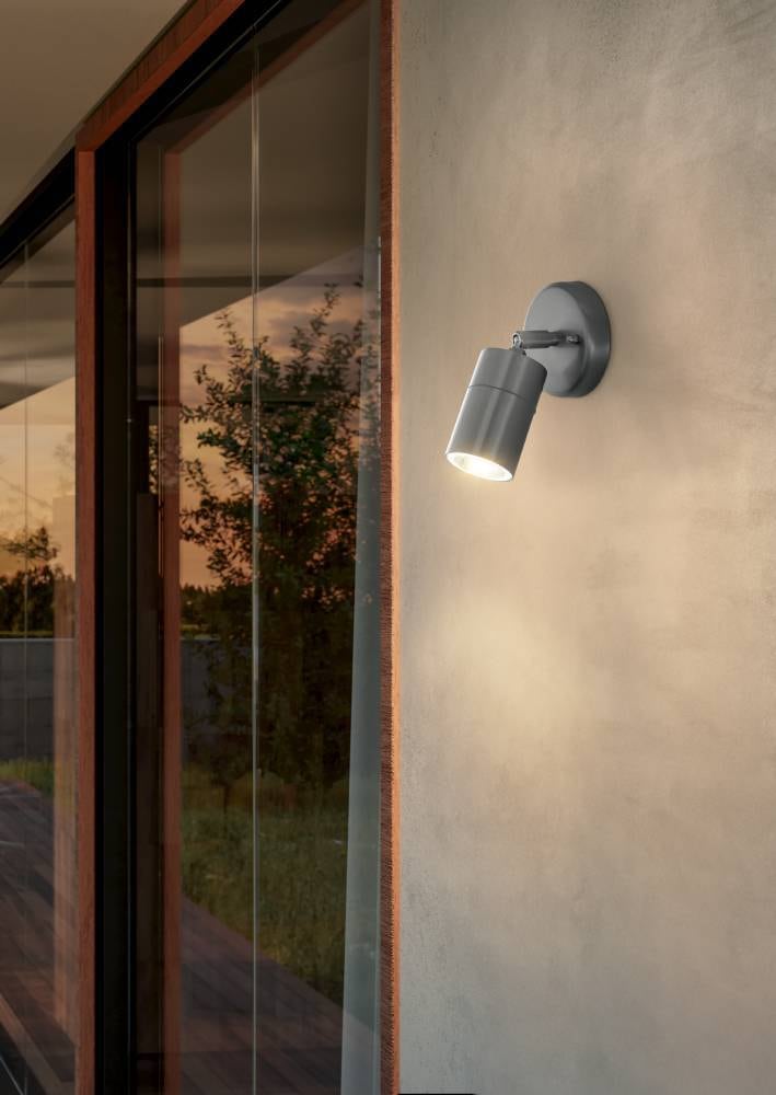 EGLO LED Außen-Wandleuchte »STOCKHOLM1 Spot, Wandspot, Außenleuchte, Eddelstahl, silber, IP44«, 1 flammig, Leuchtmittel GU10 | LED wechselbar, Eckmontage möglich, GU10, Garten, Terrasse, Hauswand, Garage, 10cm