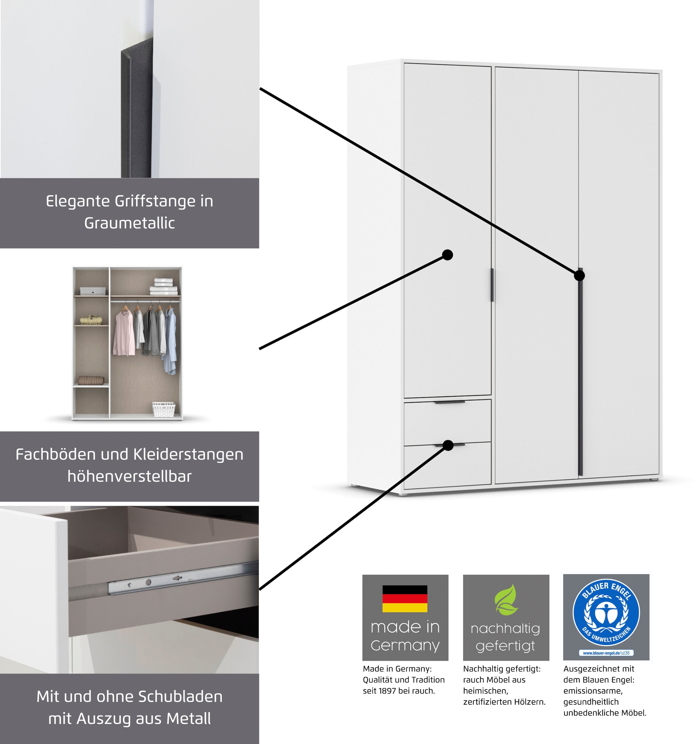 rauch Drehtürenschrank »Kleiderschrank Schrank Garderobe Wäscheschrank NAGATA viel Stauraum«, (in 3 verschiedenen Ausstattungen BASIC/CLASSIC/PREMIUM), mit Schubladen sowie Stangengriffen TOPSELLER MADE IN GERMANY