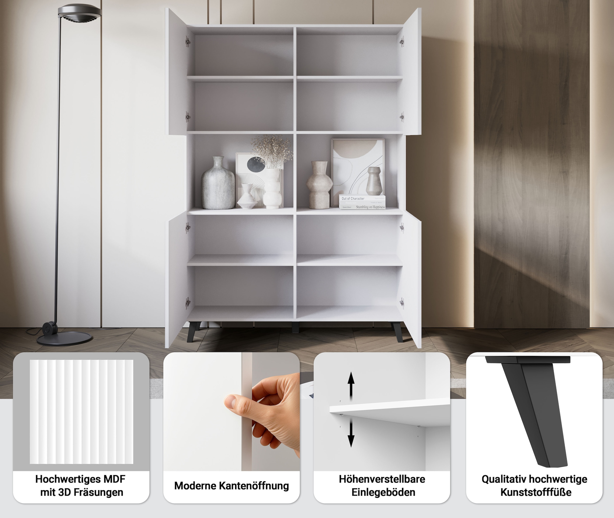 Home affaire Highboard »Phuket, Front MDF« Moderne Hochkommode ohne Griffe mit 10 Fächern, Breite 120 cm
