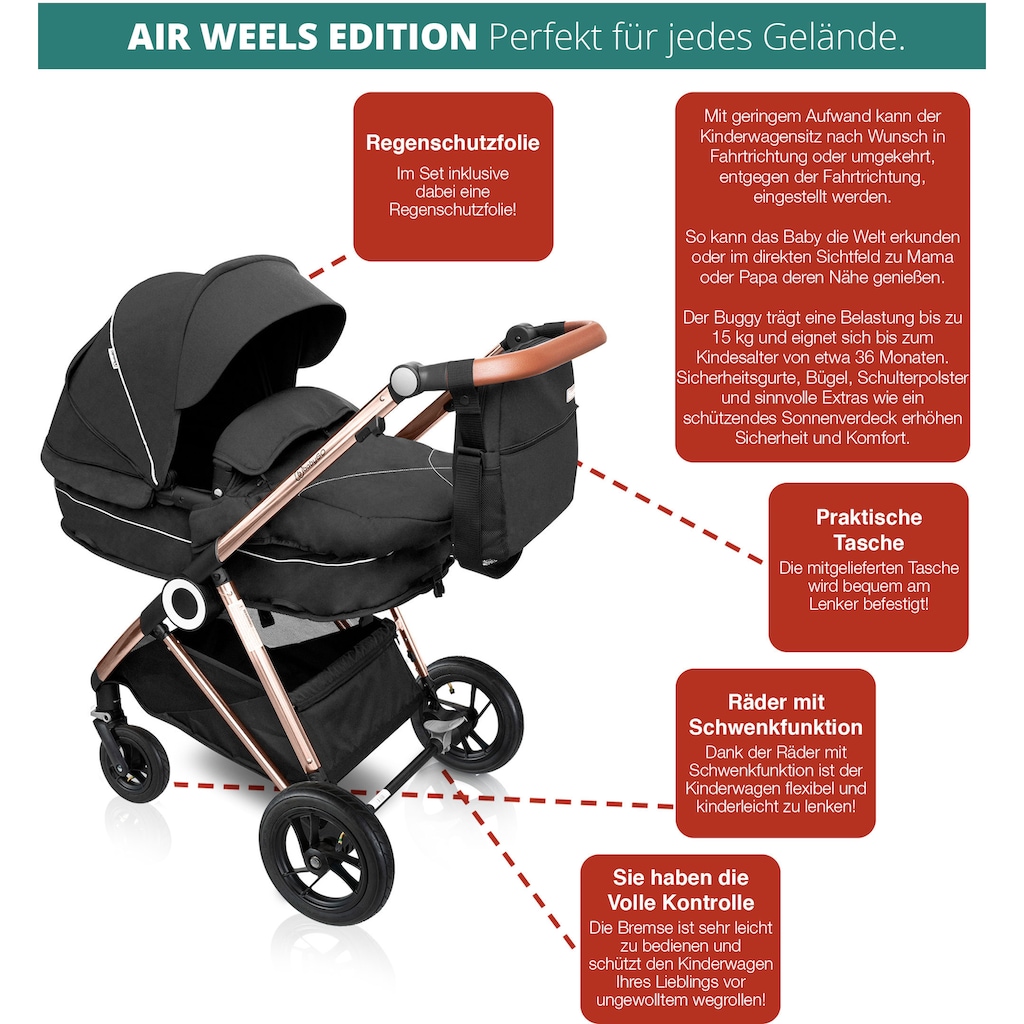 BabyGo Kombi-Kinderwagen »Halime AIR 3in1, Anthracite Gold«, mit Luftreifen, inkl. Babywanne, Babyschale, Regenhaube & Wickeltasche